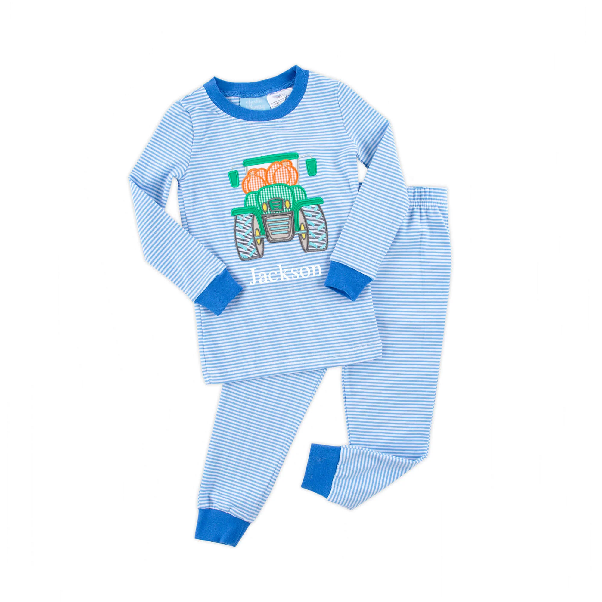 Pumpkin Tractor Blue Stripe Pajamas - Image 2