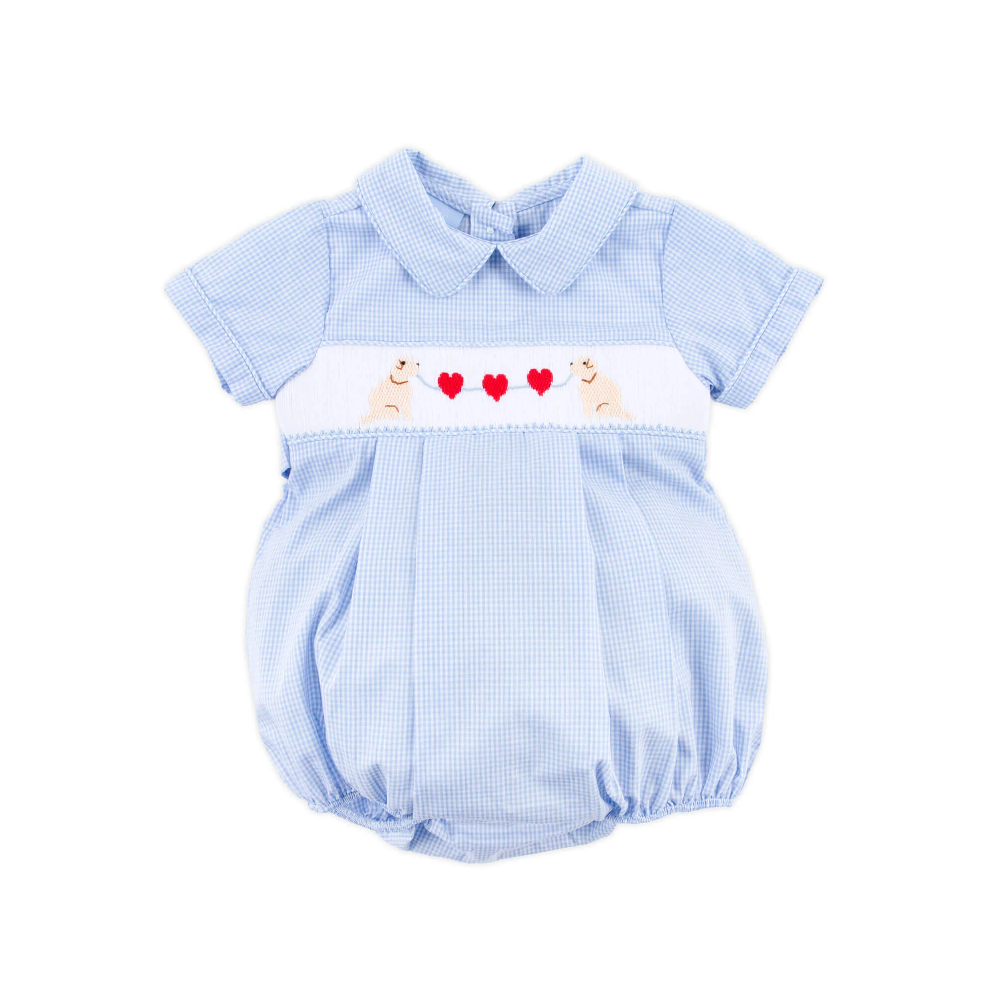 Puppy Heart Smocked Light Blue Gingham Collared Bubble - Image 2