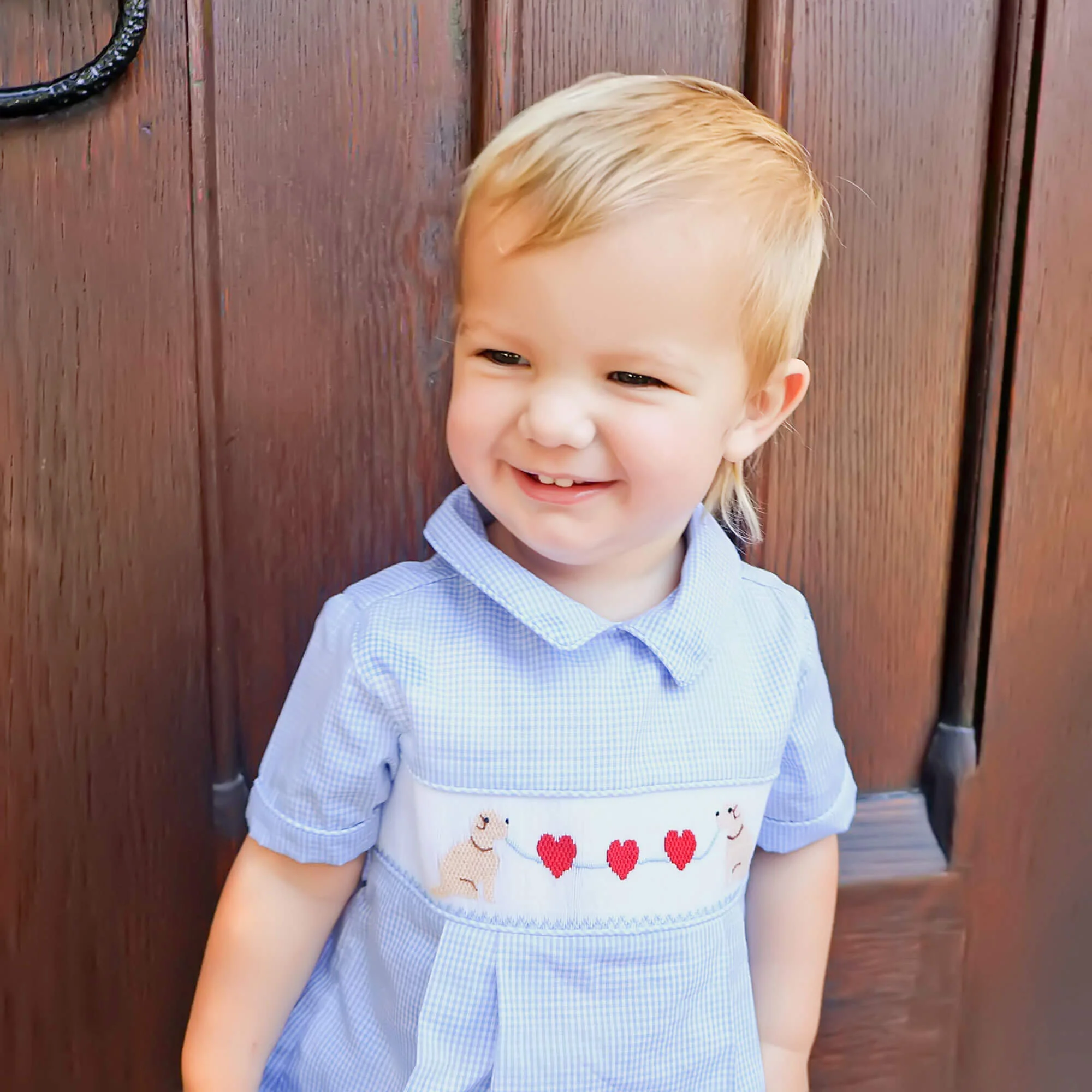 Puppy Heart Smocked Light Blue Gingham Collared Bubble - Image 3