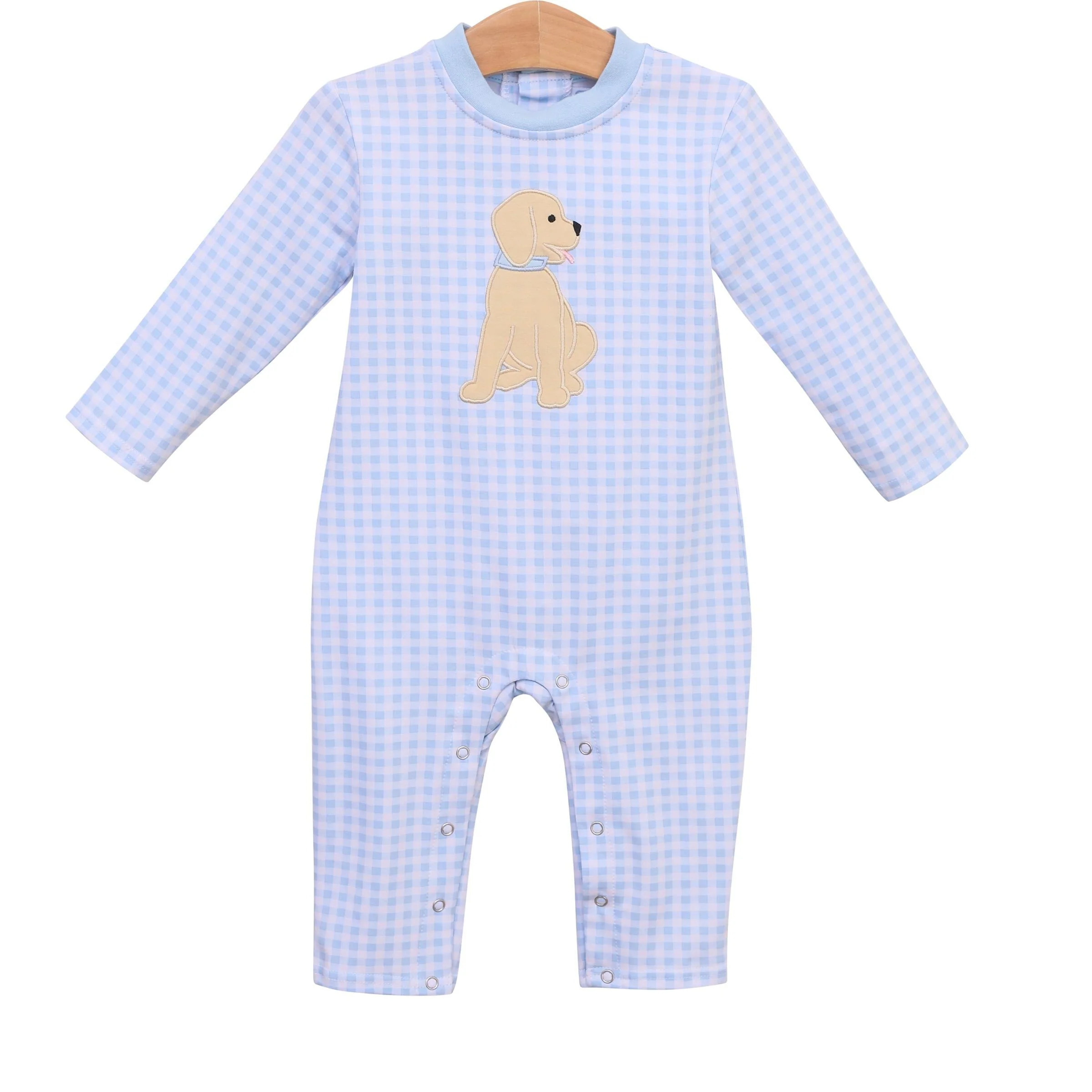 Puppy Light Blue Gingham Knit Romper - Image 2