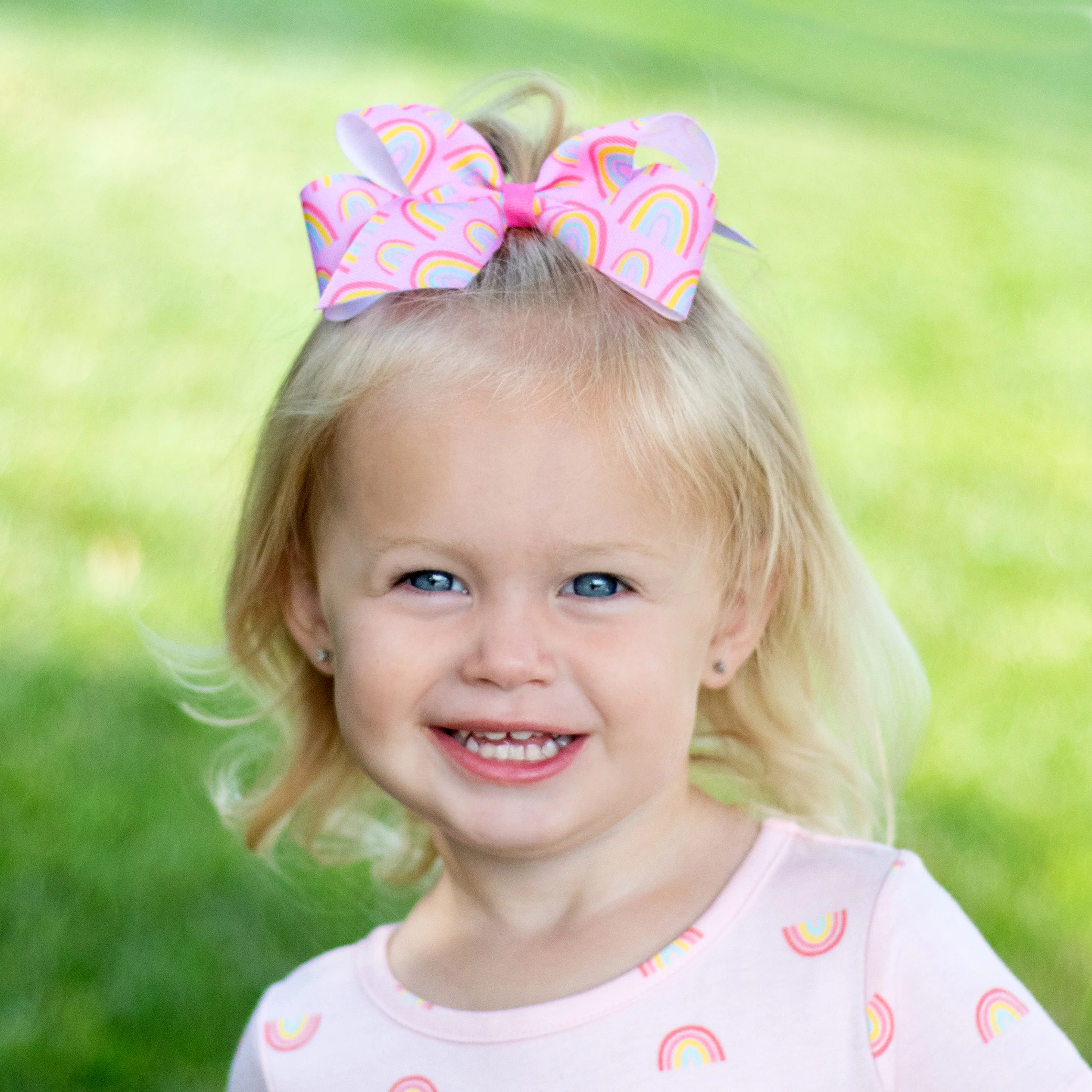 Rainbow Print Pink Grosgrain Bow - Image 2
