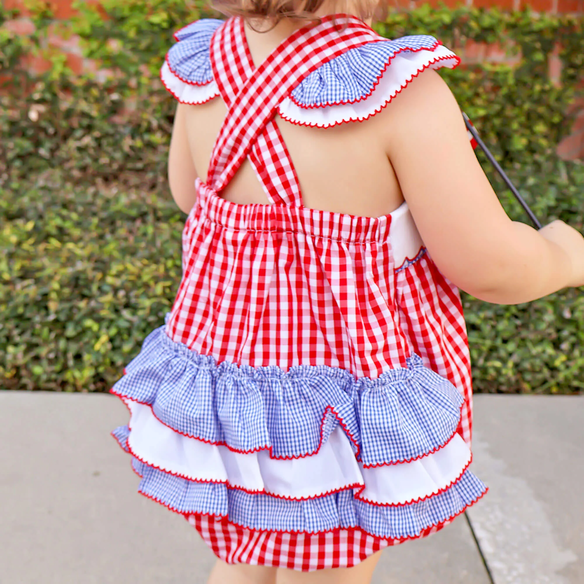Red Check American Flag Smocked Leah Bubble - Image 2