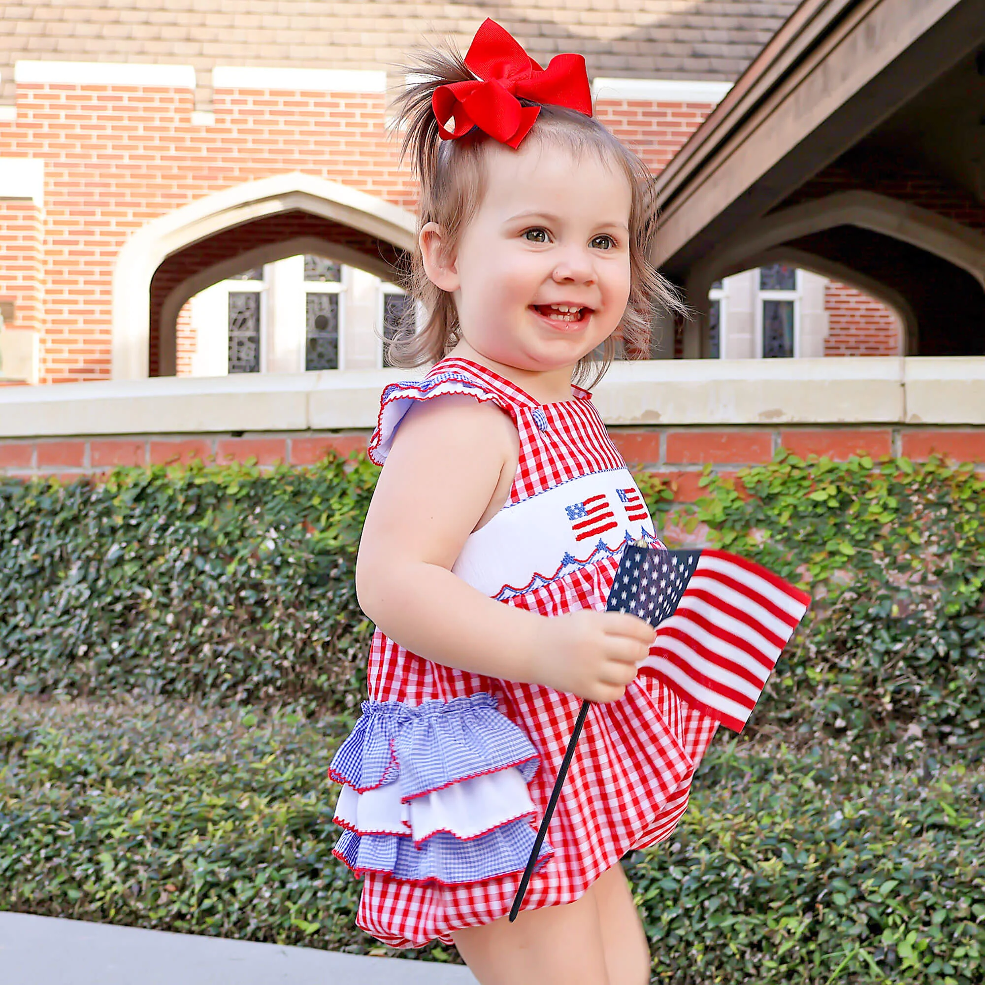 Red Check American Flag Smocked Leah Bubble - Image 4