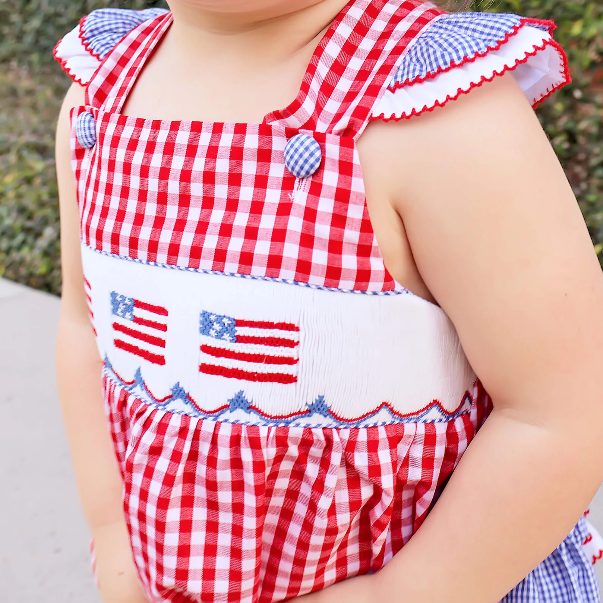 Red Check American Flag Smocked Leah Bubble - Image 6