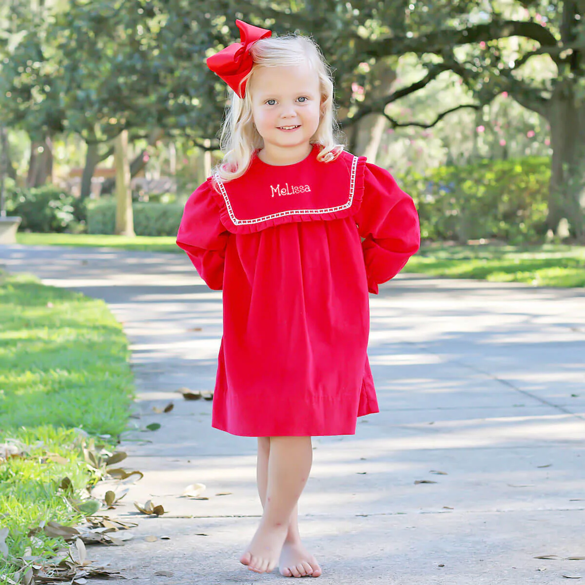 Red Corduroy Bib Long Sleeve Dress