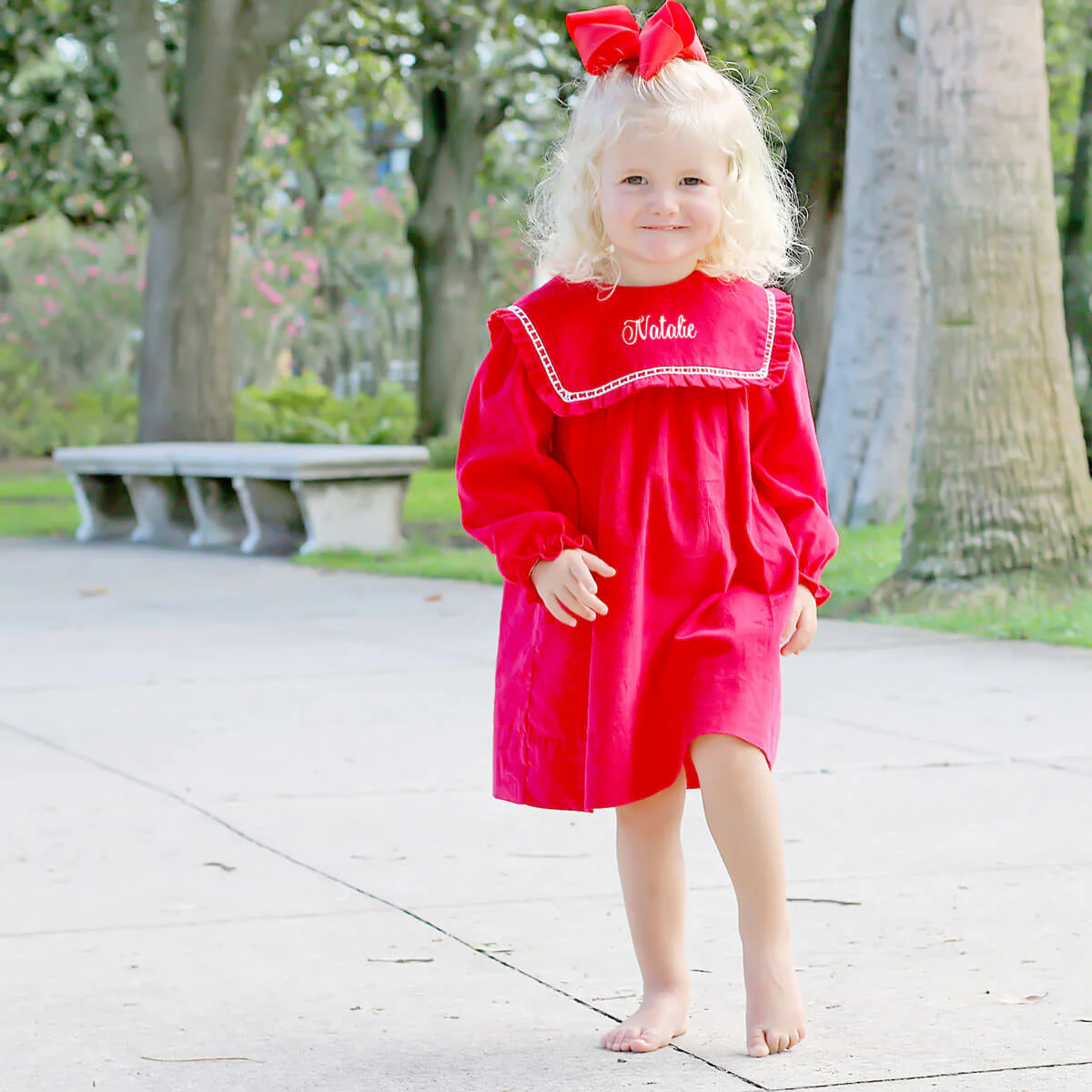 Red Corduroy Bib Long Sleeve Dress - Image 3