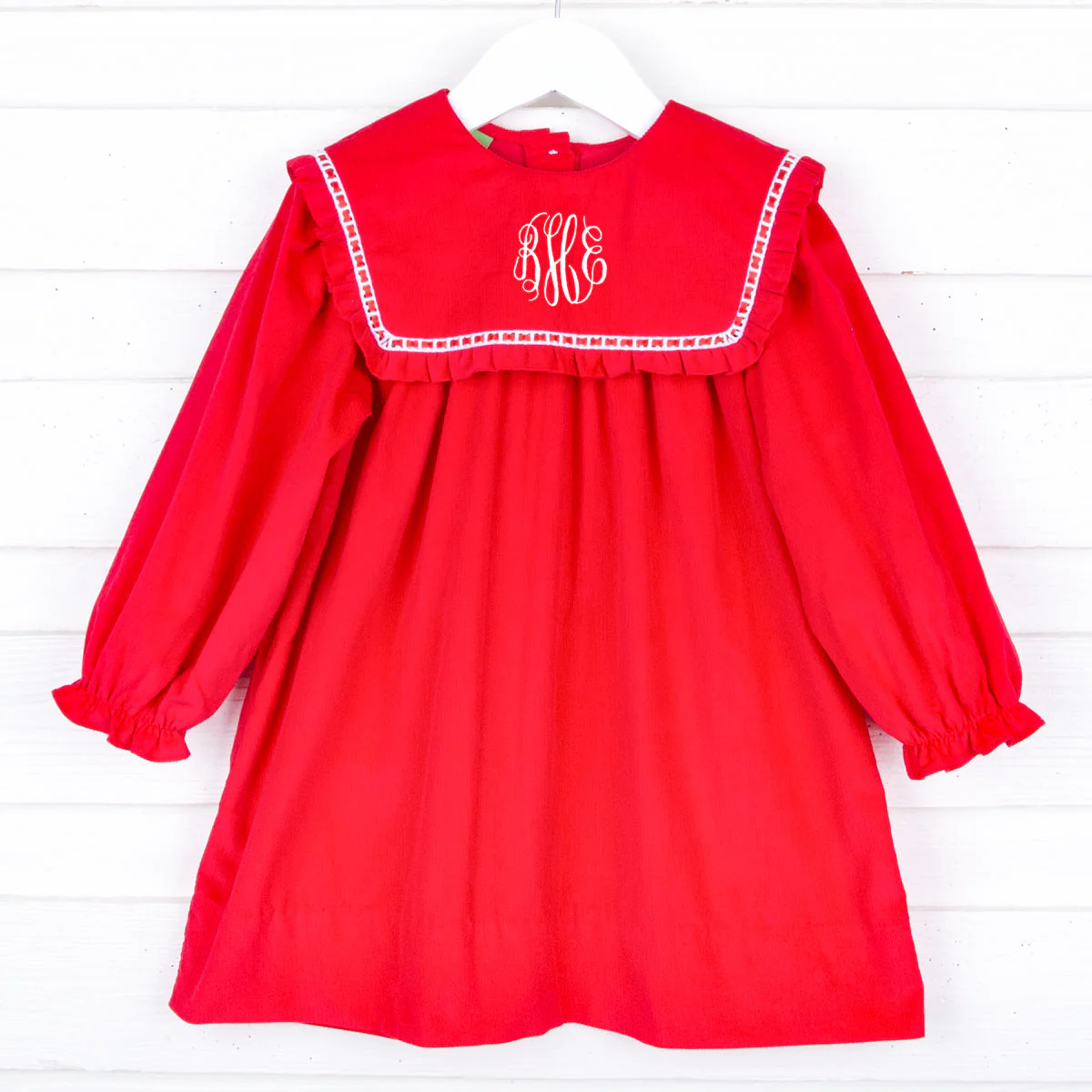 Red Corduroy Bib Long Sleeve Dress - Image 4