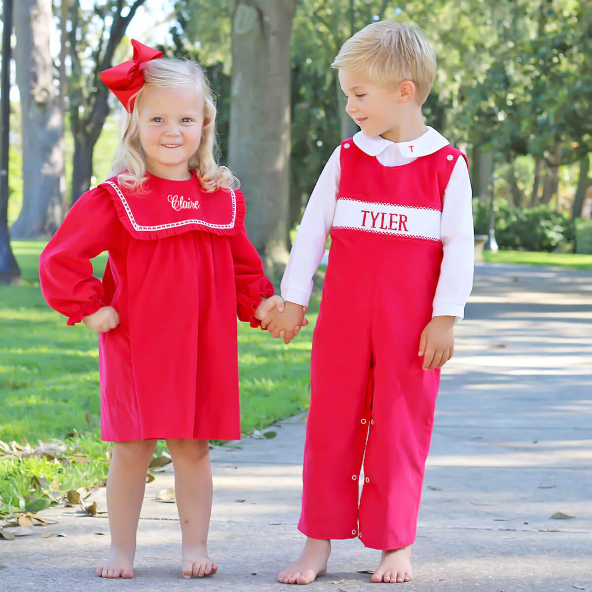 Red Corduroy Bib Long Sleeve Dress - Image 5