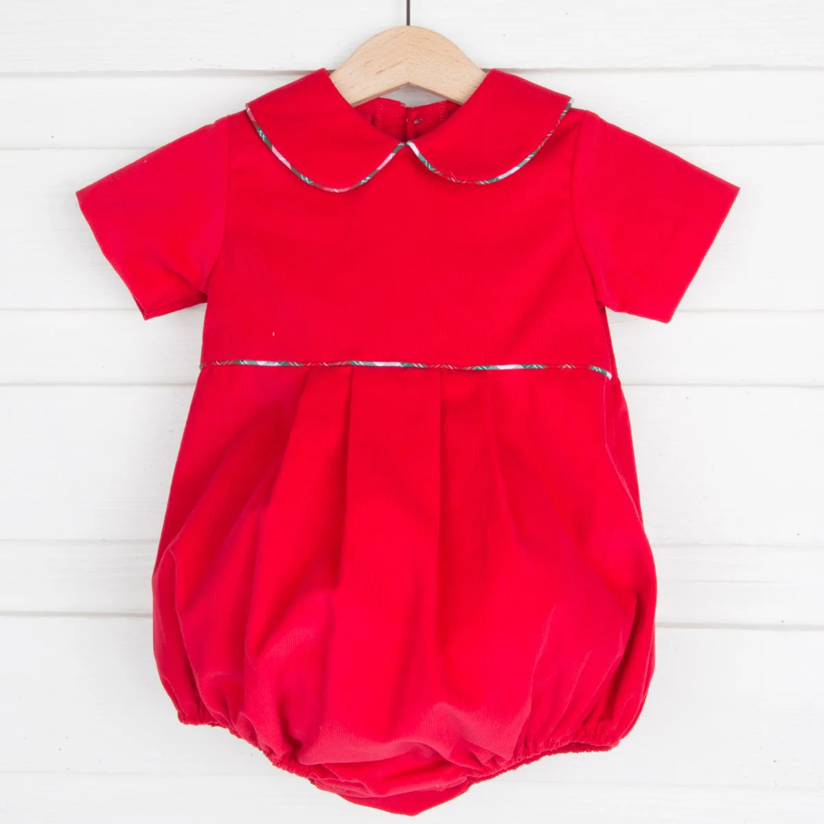 Red Corduroy Collared Bubble with Plaid Trim - Image 2