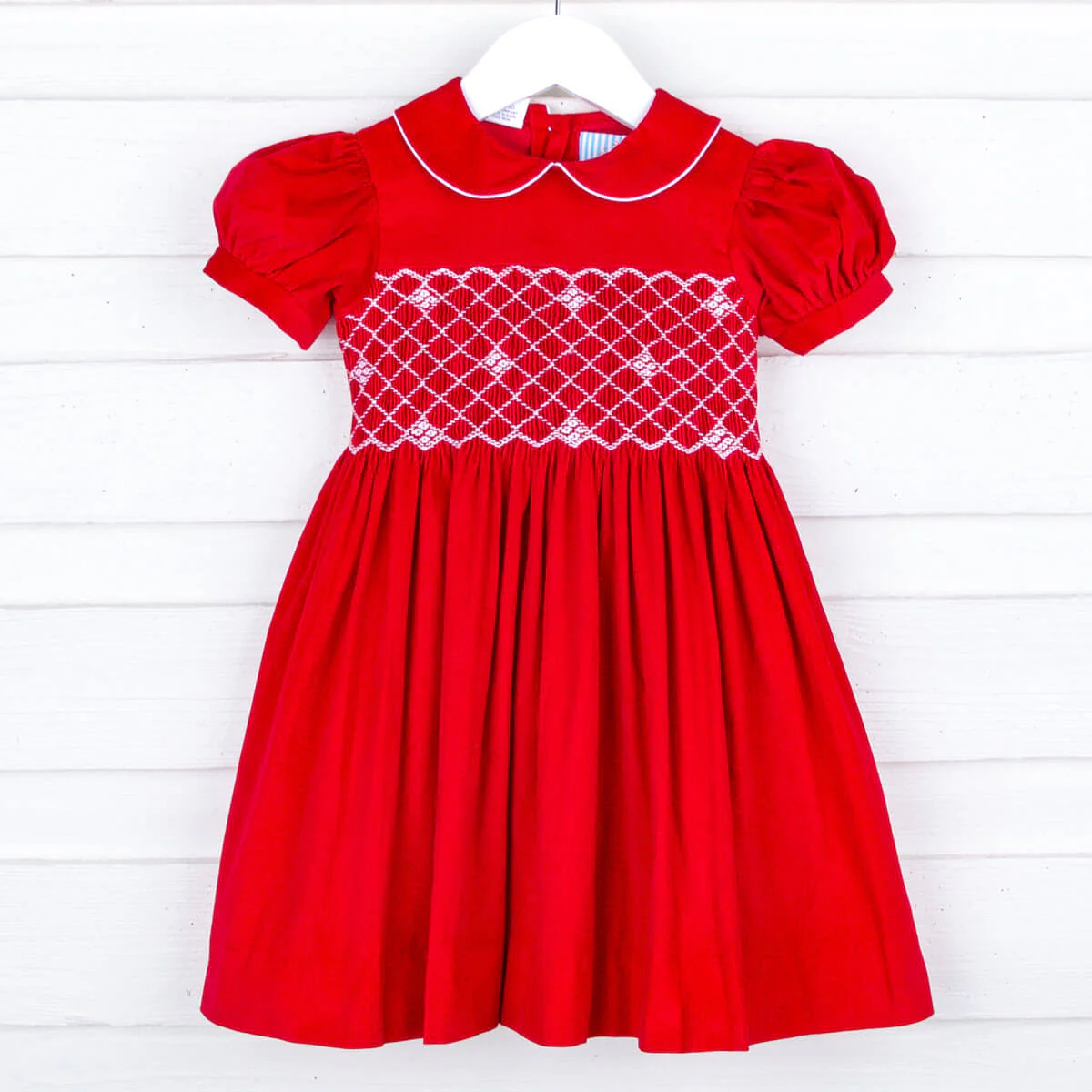 Red Corduroy Smocked Geo Collared Bishop Dress - Image 2