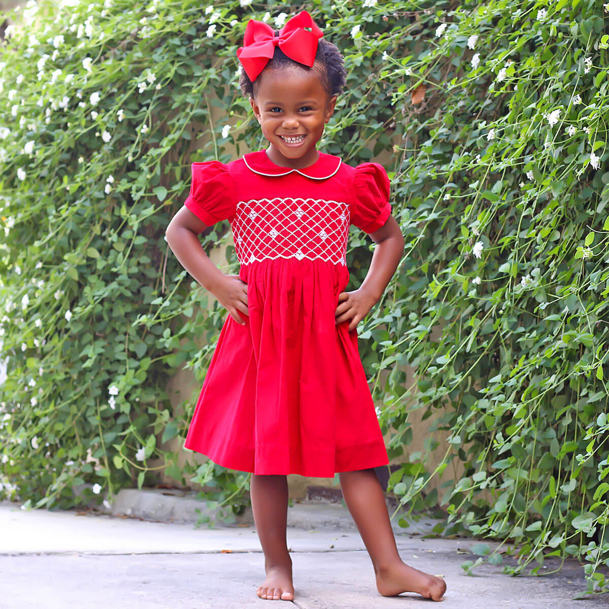 Red Corduroy Smocked Geo Collared Bishop Dress - Image 3