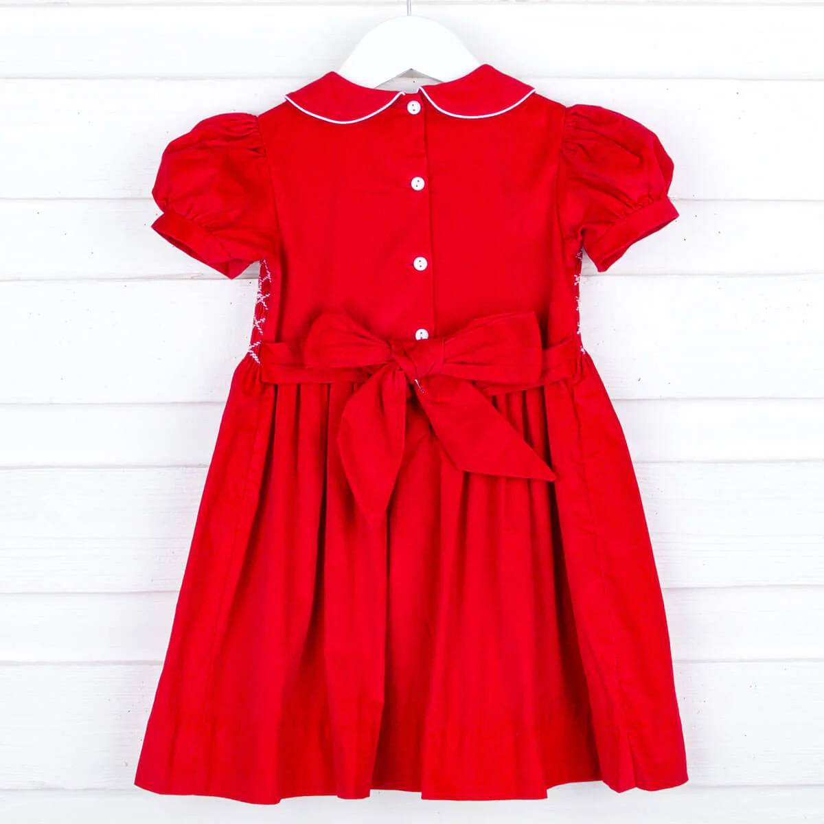 Red Corduroy Smocked Geo Collared Bishop Dress - Image 4