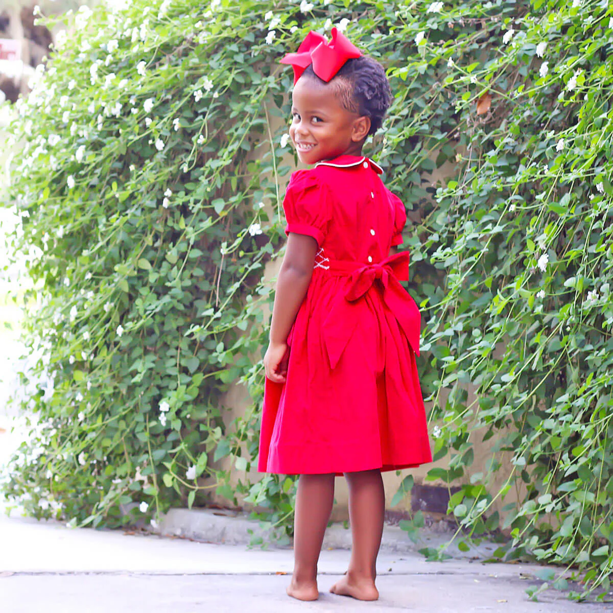 Red Corduroy Smocked Geo Collared Bishop Dress - Image 5
