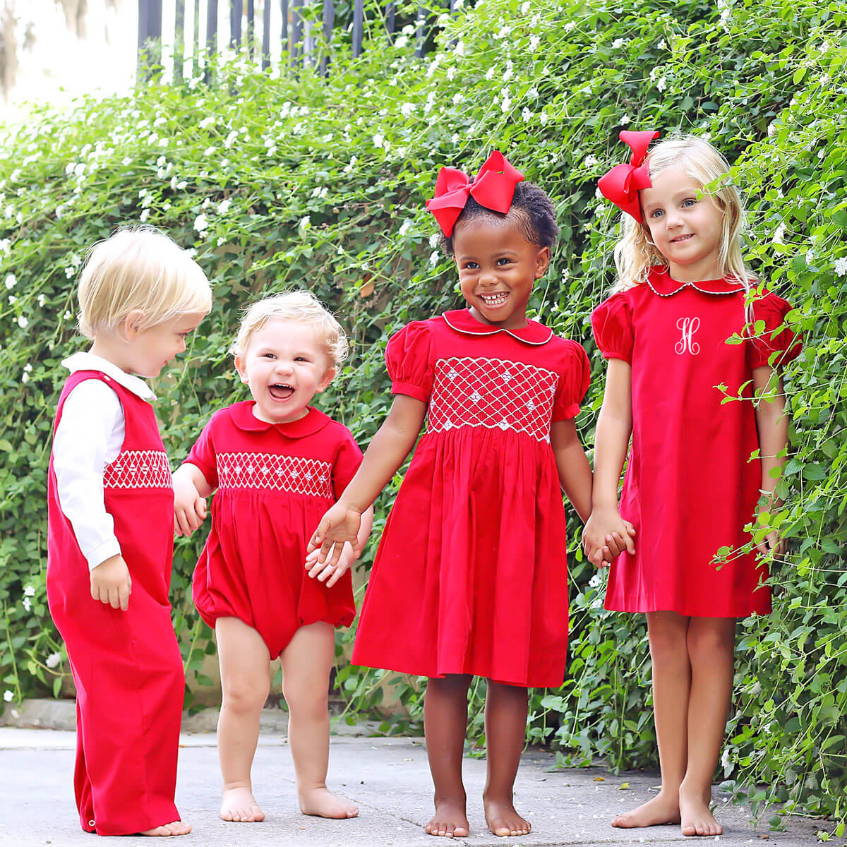 Red Corduroy Smocked Geo Collared Bishop Dress - Image 6