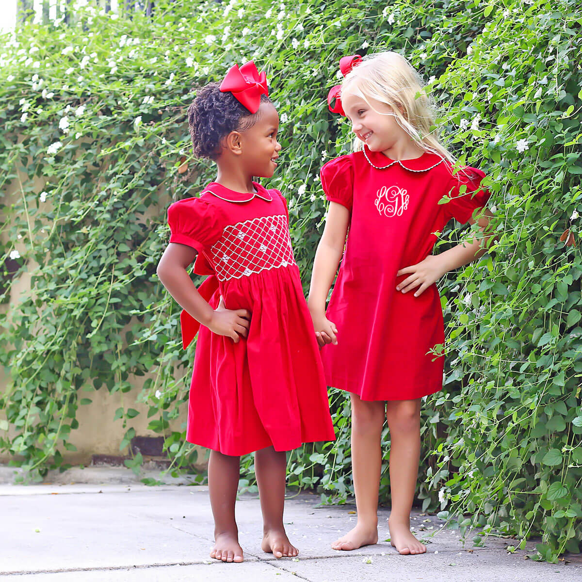 Red Corduroy Smocked Geo Collared Bishop Dress - Image 7