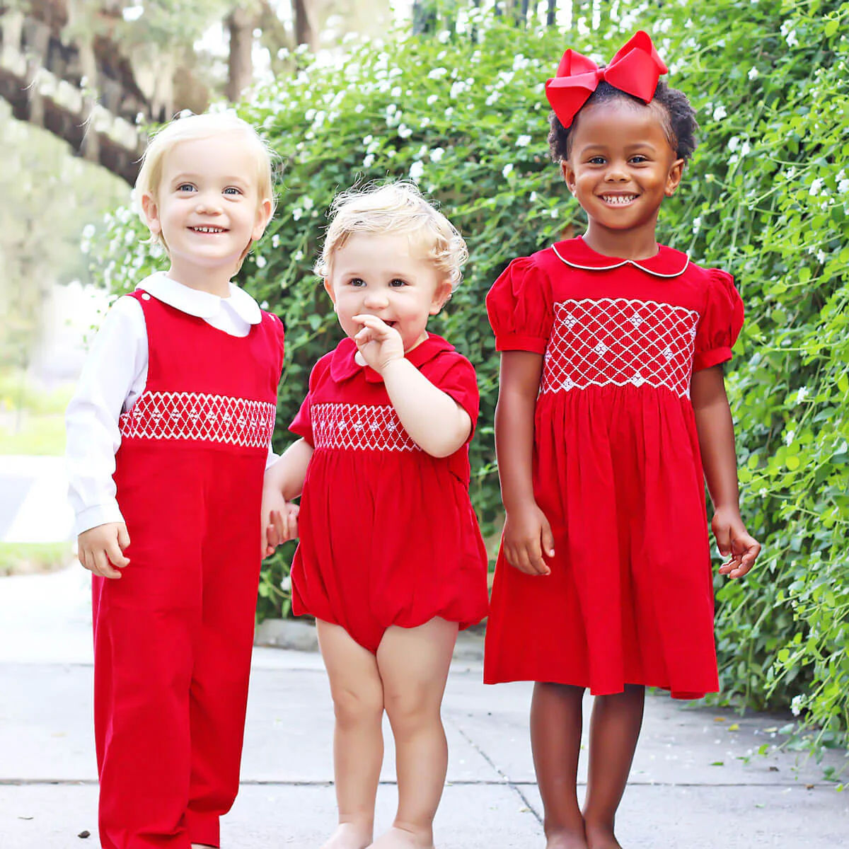 Red Corduroy Smocked Geo Collared Bishop Dress - Image 8