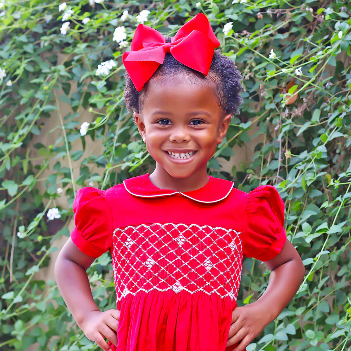 Red Corduroy Smocked Geo Collared Bishop Dress - Image 9