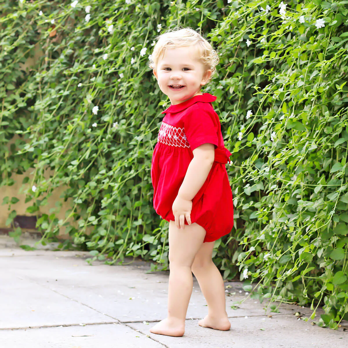 Red Corduroy Smocked Geo Collared Bubble - Image 3