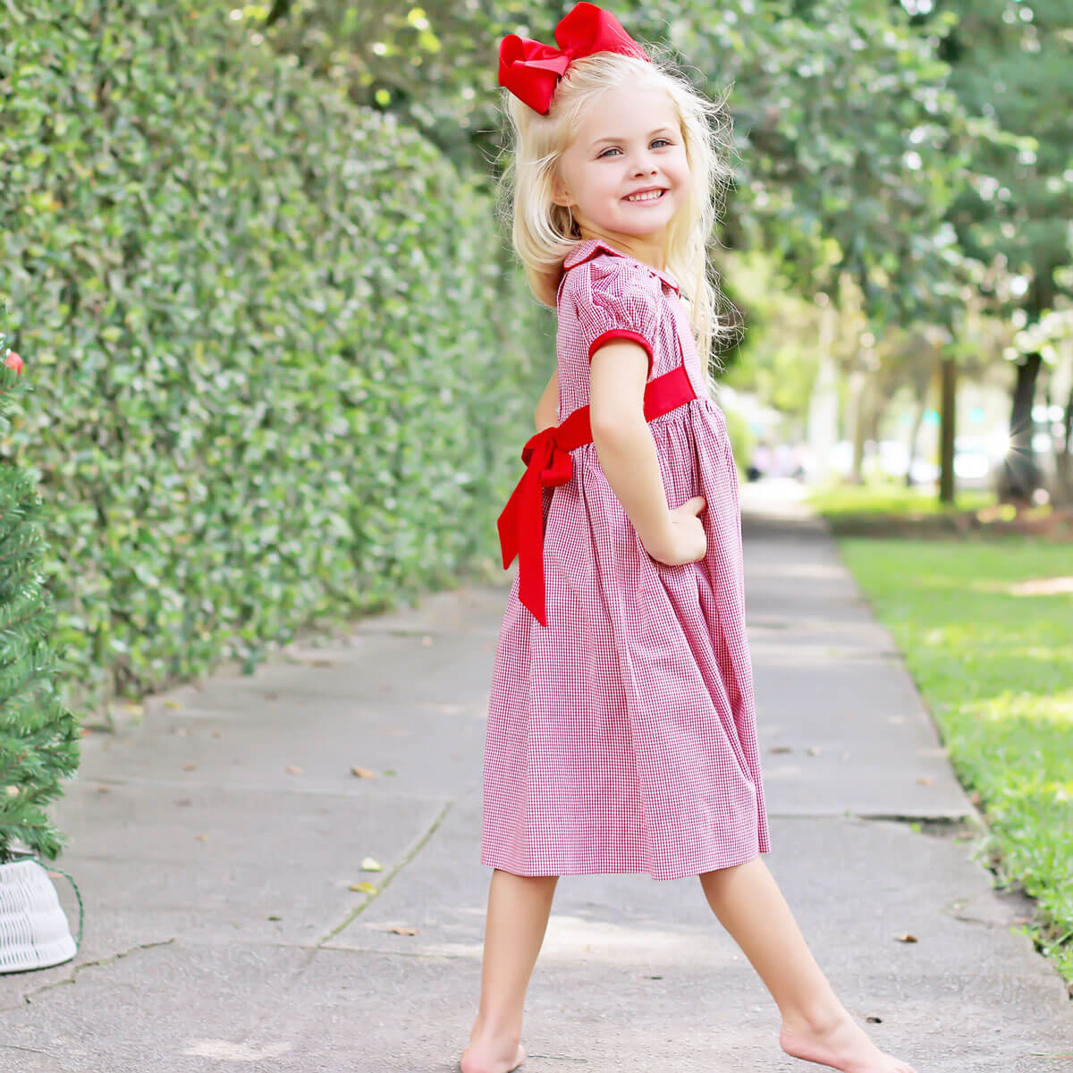 Red Gingham Collared Sash Dress - Image 5