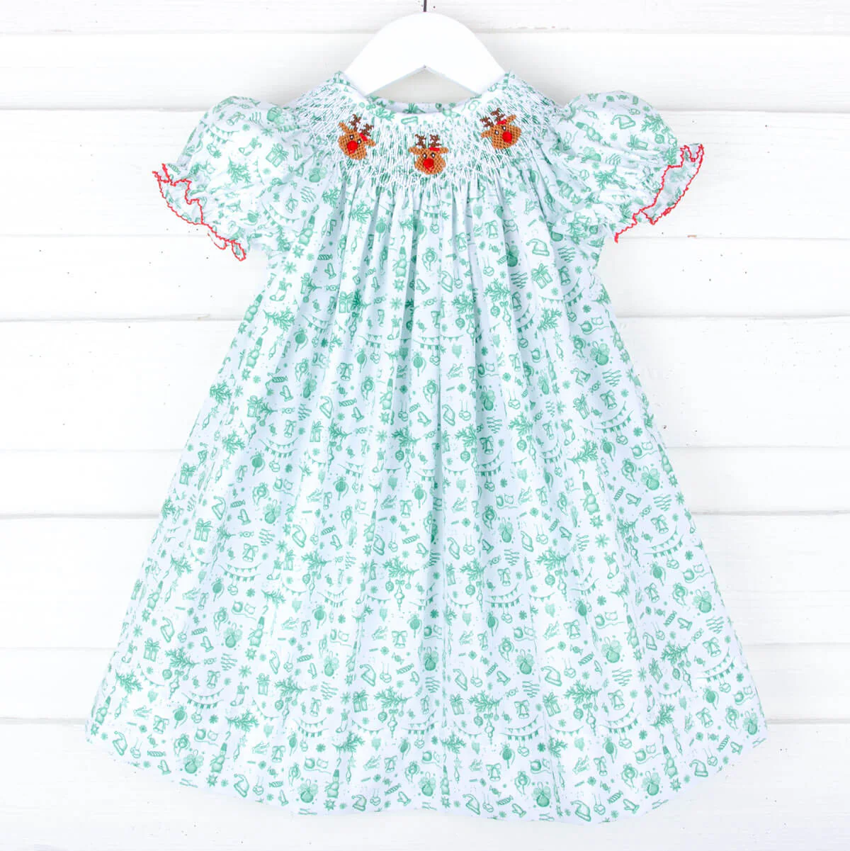 Reindeer Cheer Smocked Green Toile Bishop Dress - Image 2