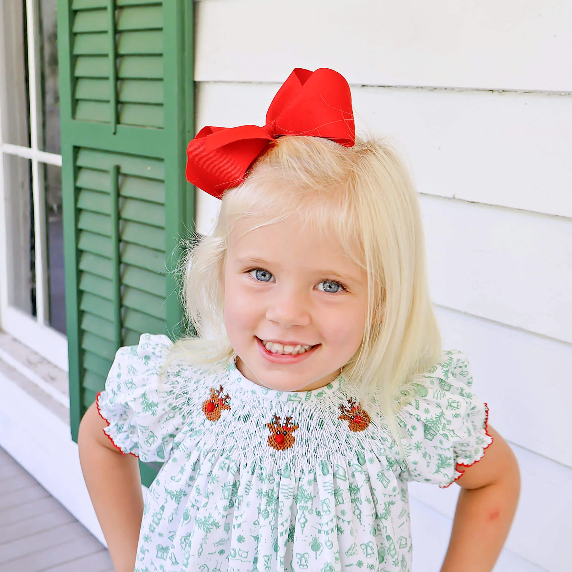 Reindeer Cheer Smocked Green Toile Bishop Dress - Image 3