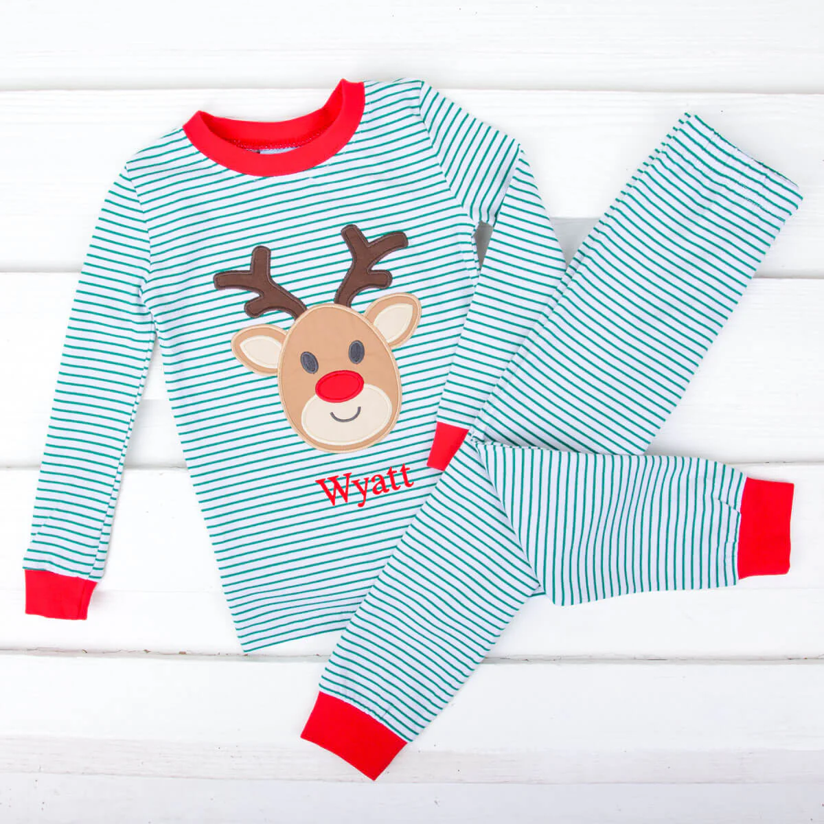 Reindeer Green Stripe Red Rib Pajamas - Image 2