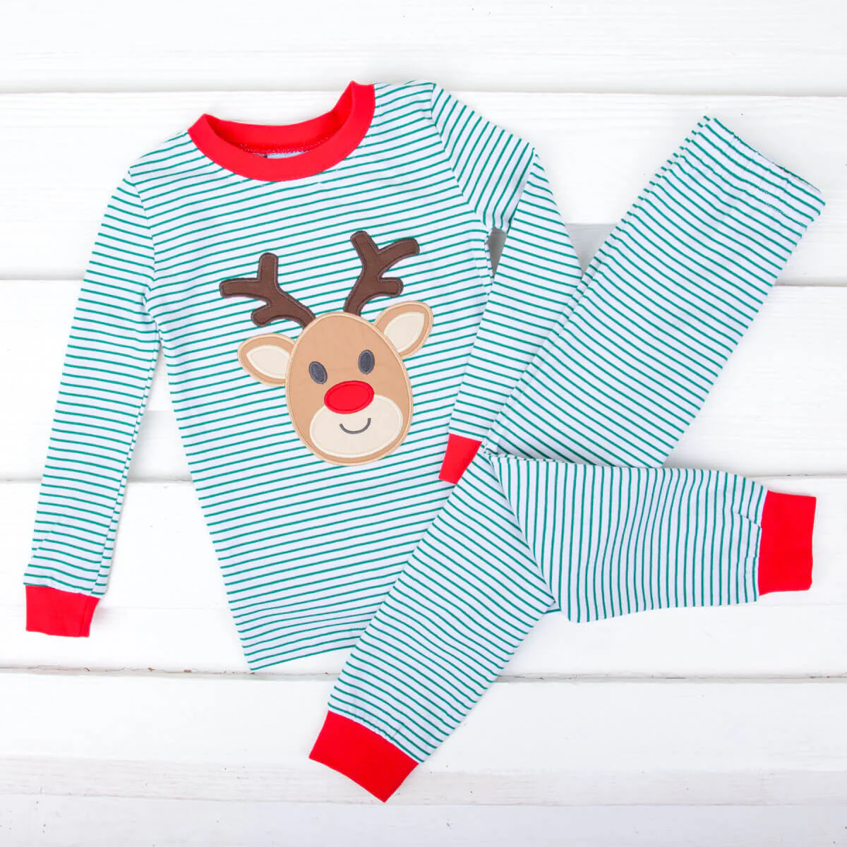 Reindeer Green Stripe Red Rib Pajamas - Image 3