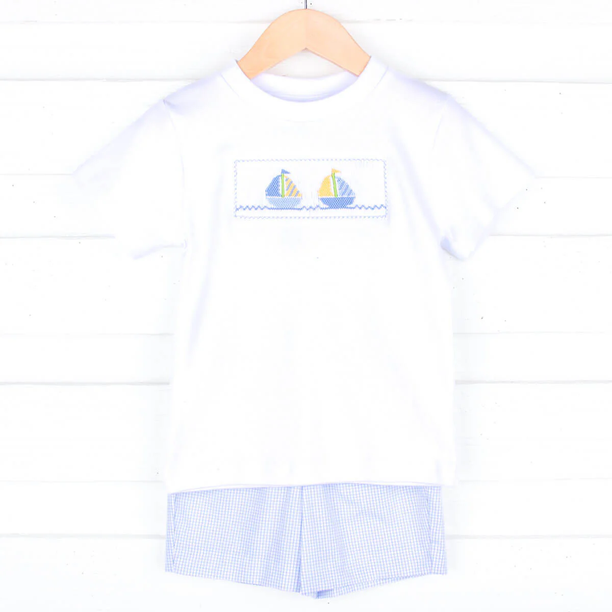 Sailboat Smocked Light Blue Short Set - Image 2