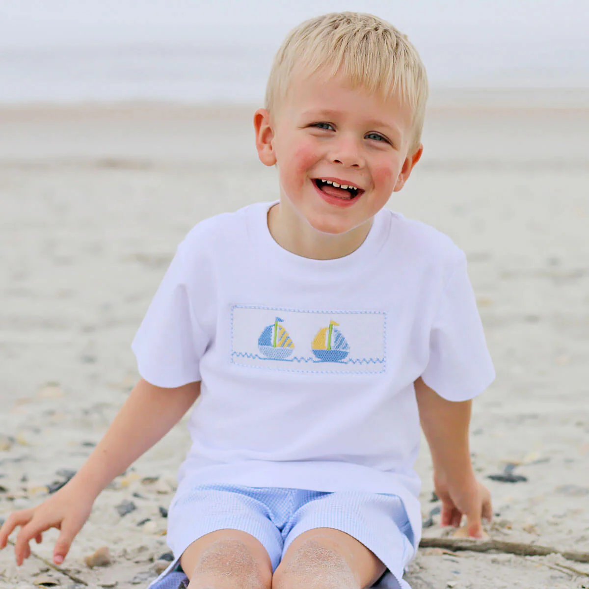 Sailboat Smocked Light Blue Short Set - Image 3