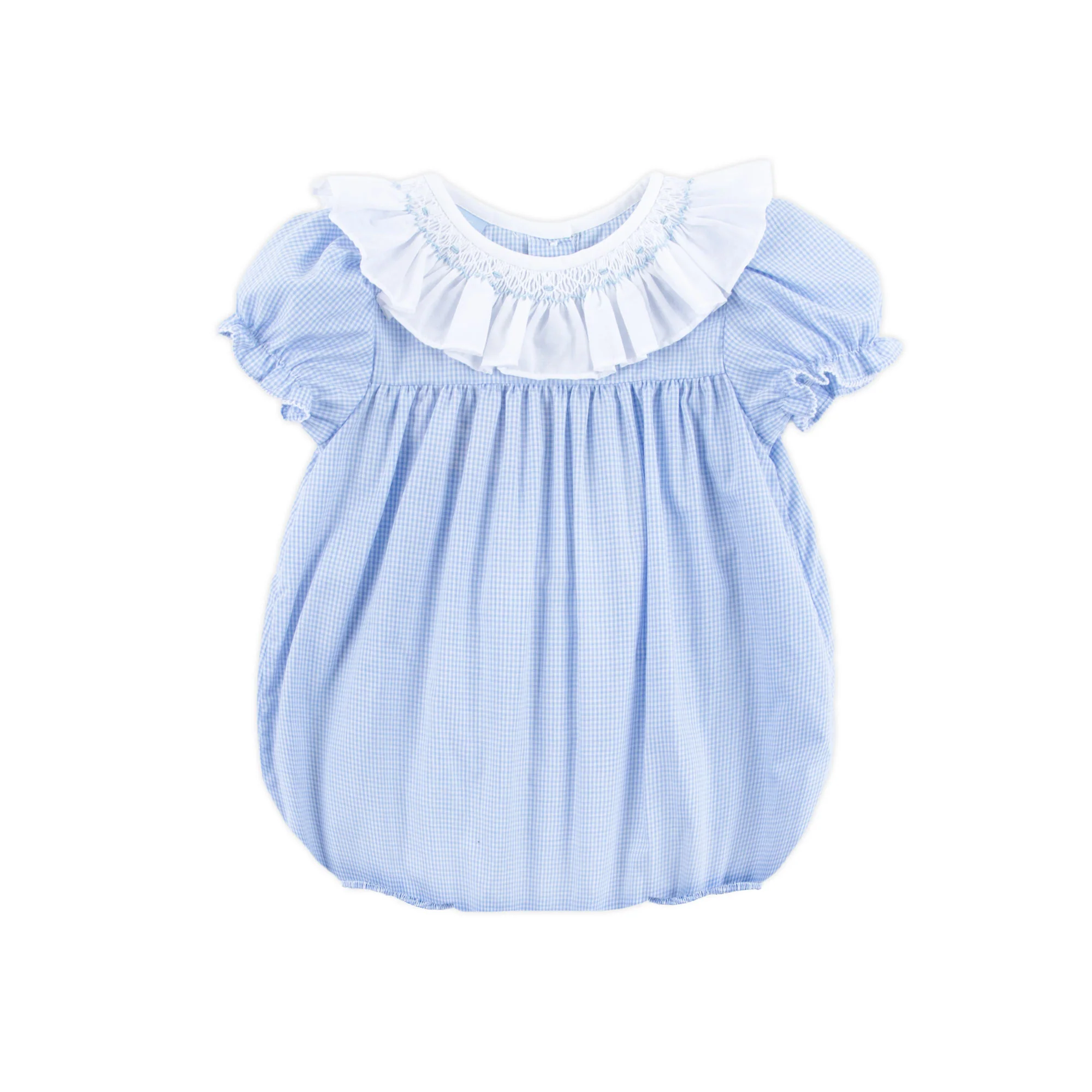 Blue Gingham Smocked Ruffle Collared Bubble - Image 2