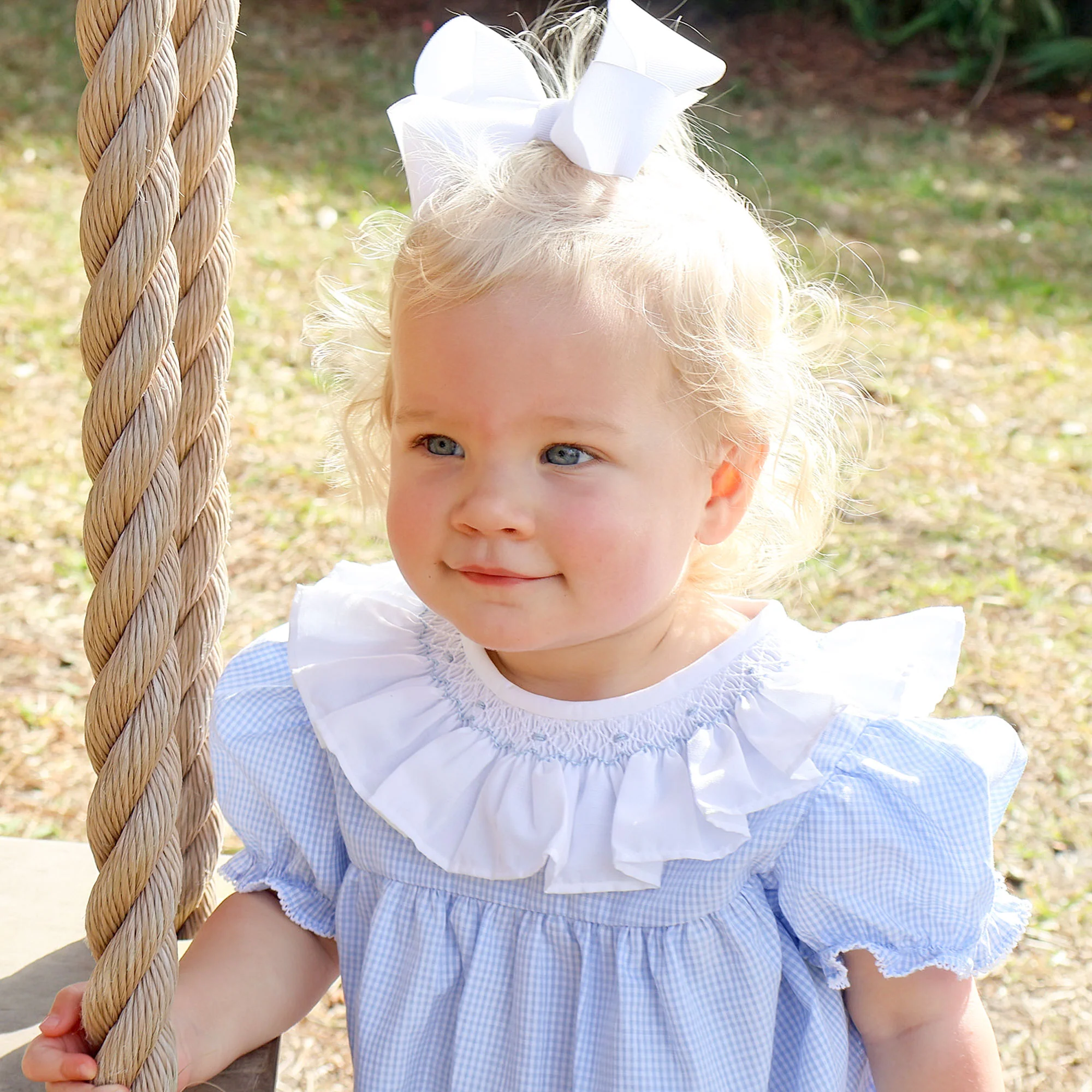 Blue Gingham Smocked Ruffle Collared Bubble - Image 3