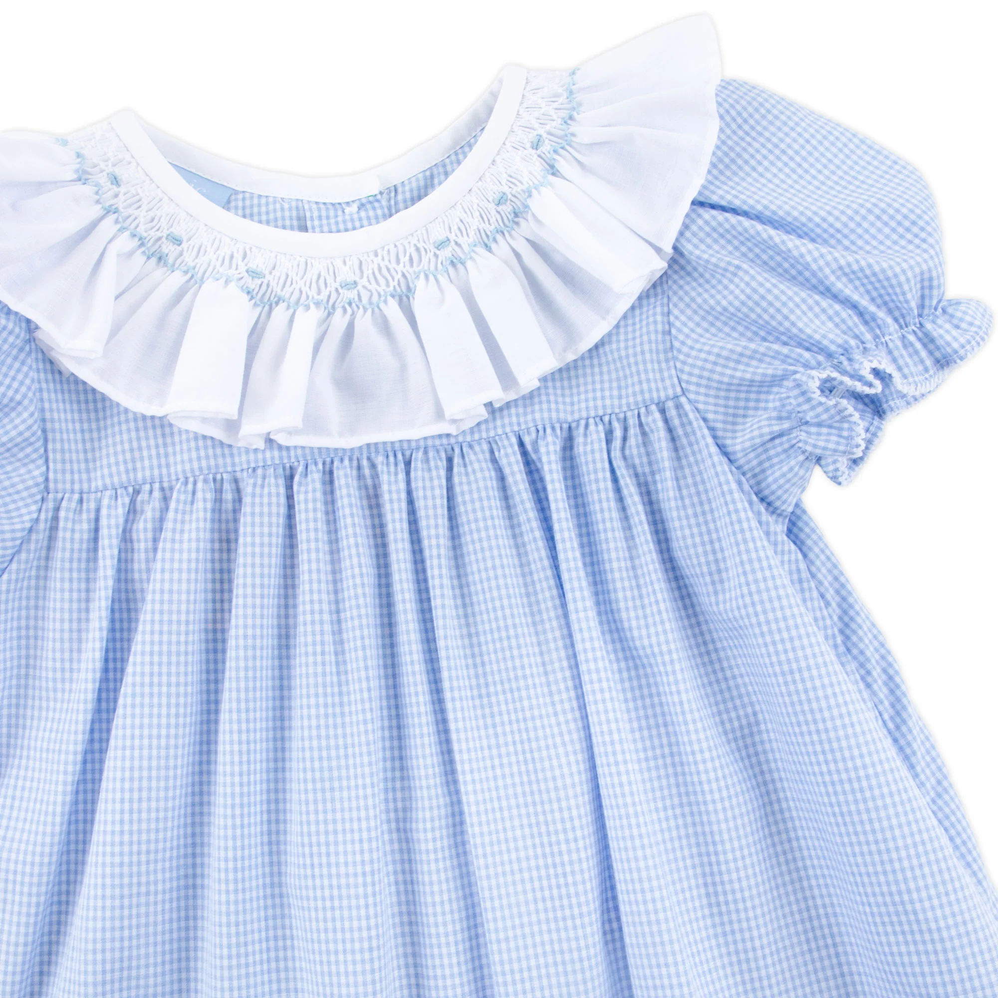 Blue Gingham Smocked Ruffle Collared Bubble - Image 4
