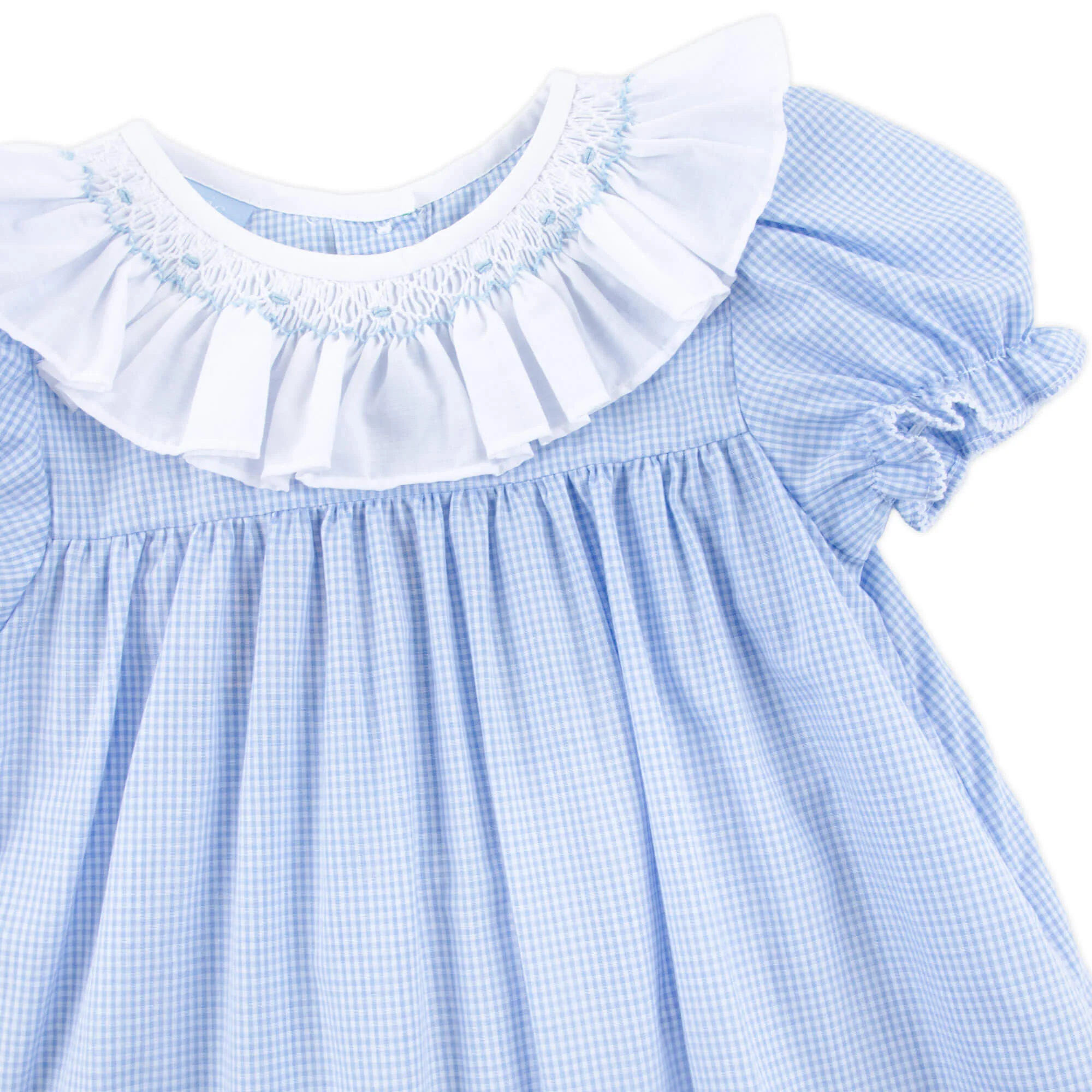 Blue Gingham Smocked Ruffle Collared Dress - Image 2