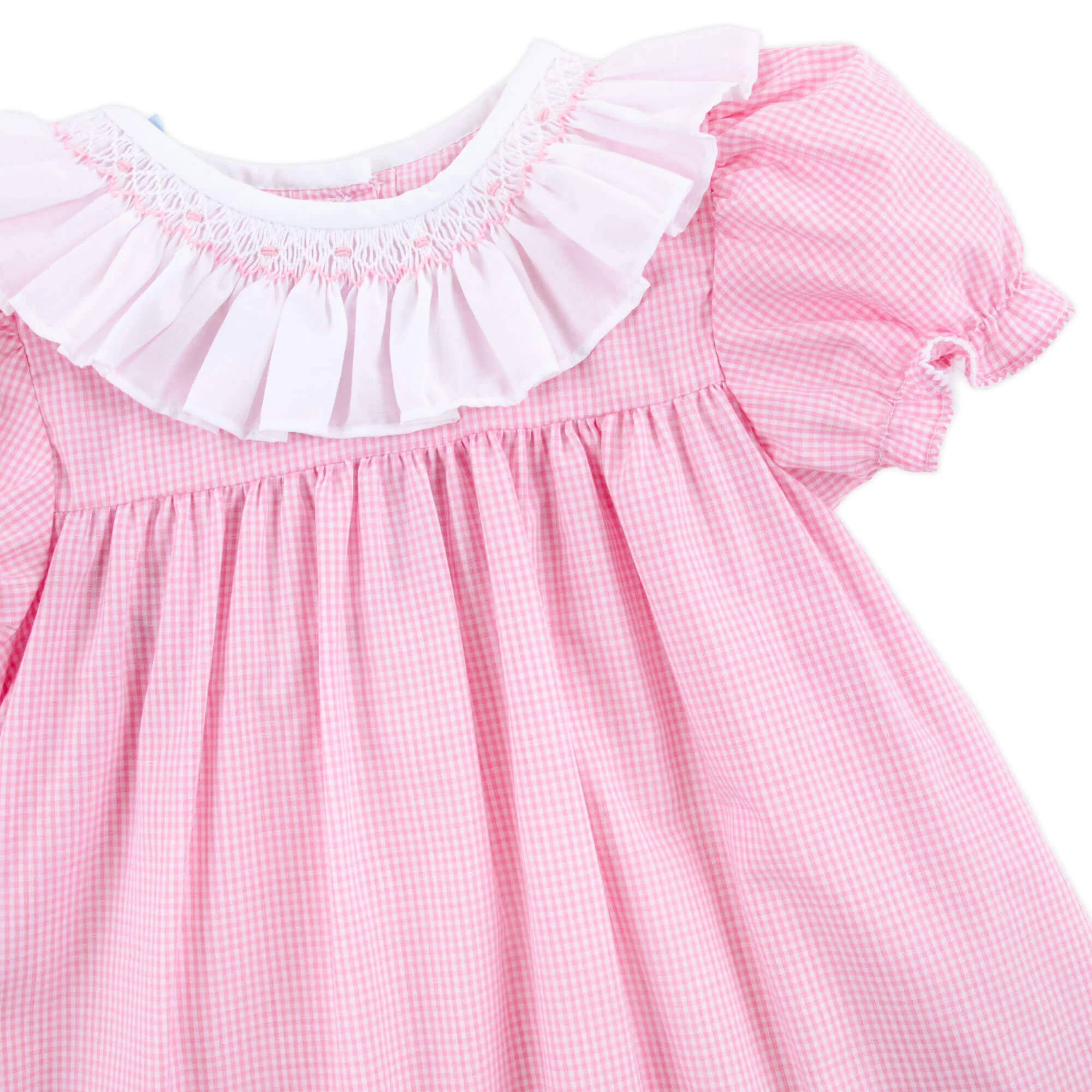 Pink Gingham Smocked Ruffle Collared Bubble - Image 2