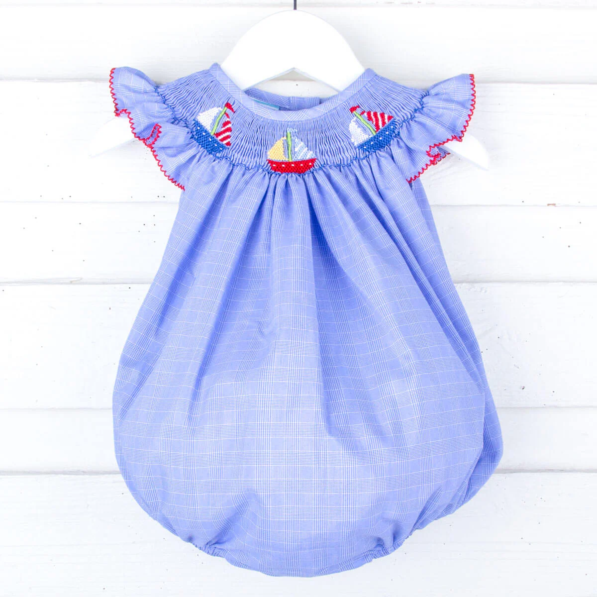 Sailing Away Blue Plaid Smocked Angel Sleeve Bubble - Image 3