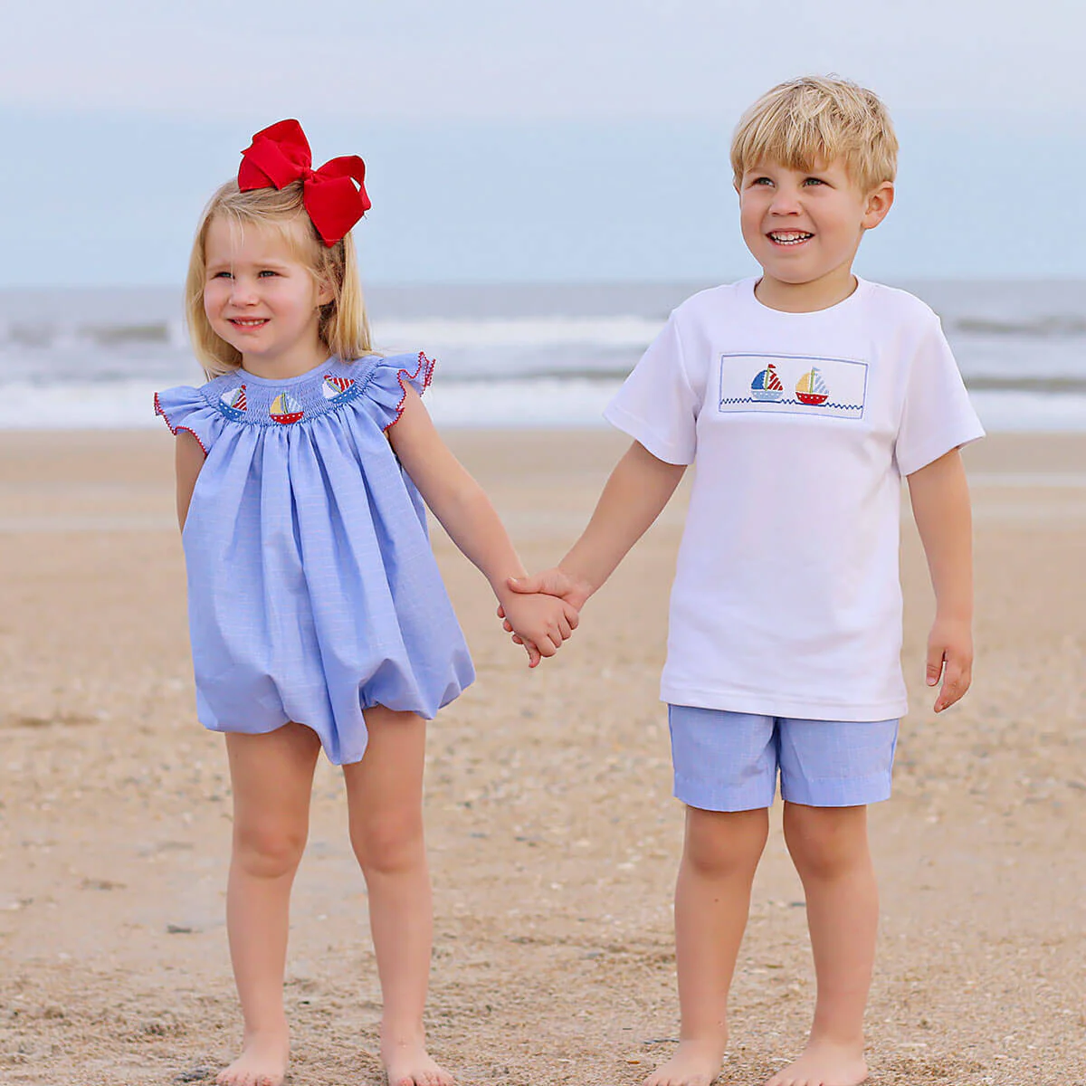 Sailing Away Blue Plaid Smocked Angel Sleeve Bubble - Image 4