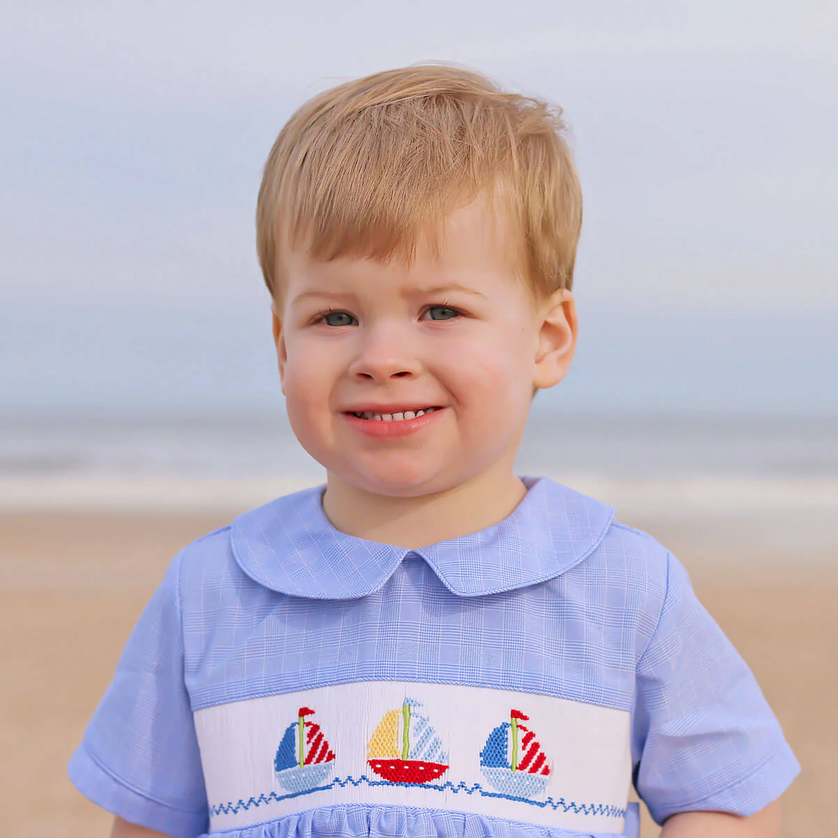 Sailing Away Blue Plaid Smocked Collared Bubble - Image 2
