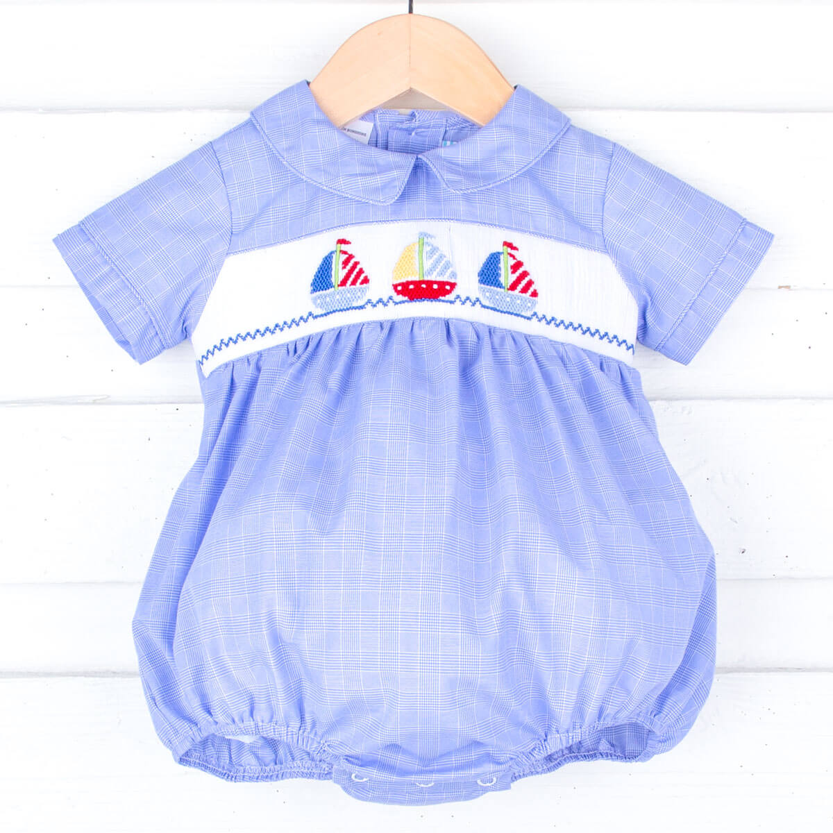 Sailing Away Blue Plaid Smocked Collared Bubble - Image 3