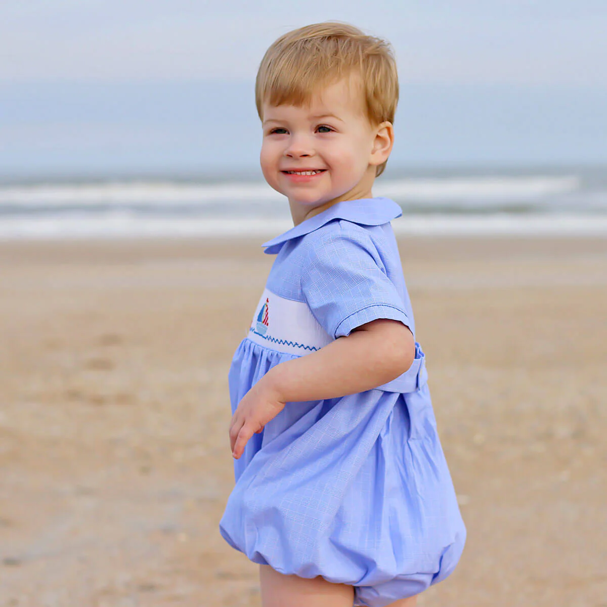 Sailing Away Blue Plaid Smocked Collared Bubble - Image 4