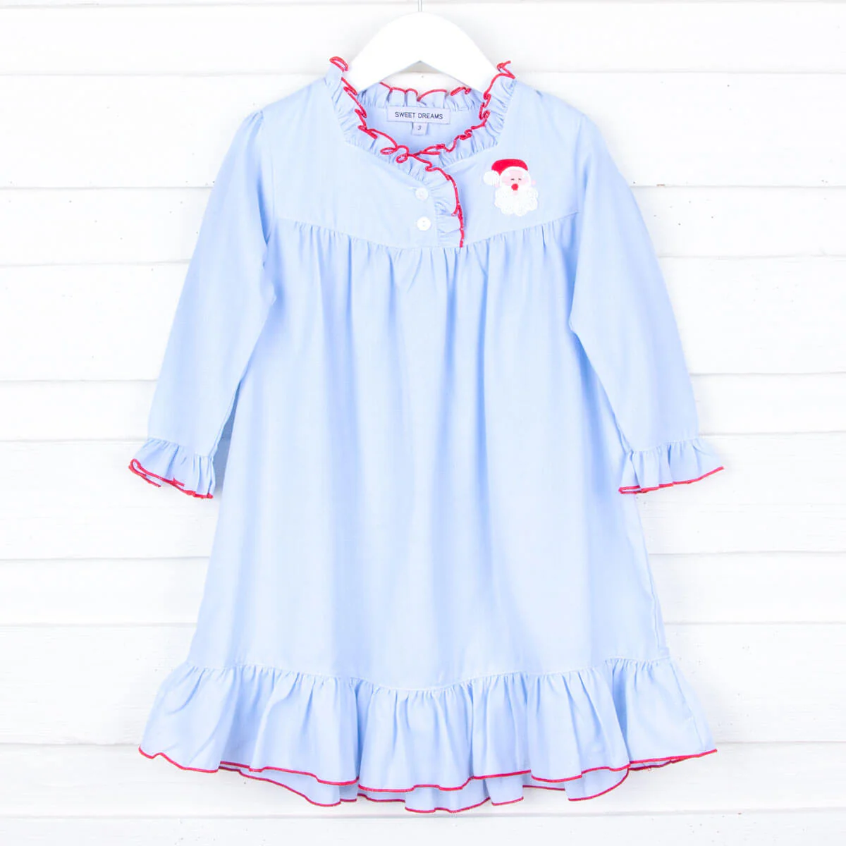 Santa Embroidered Long Sleeve Blue Nightgown - Image 3