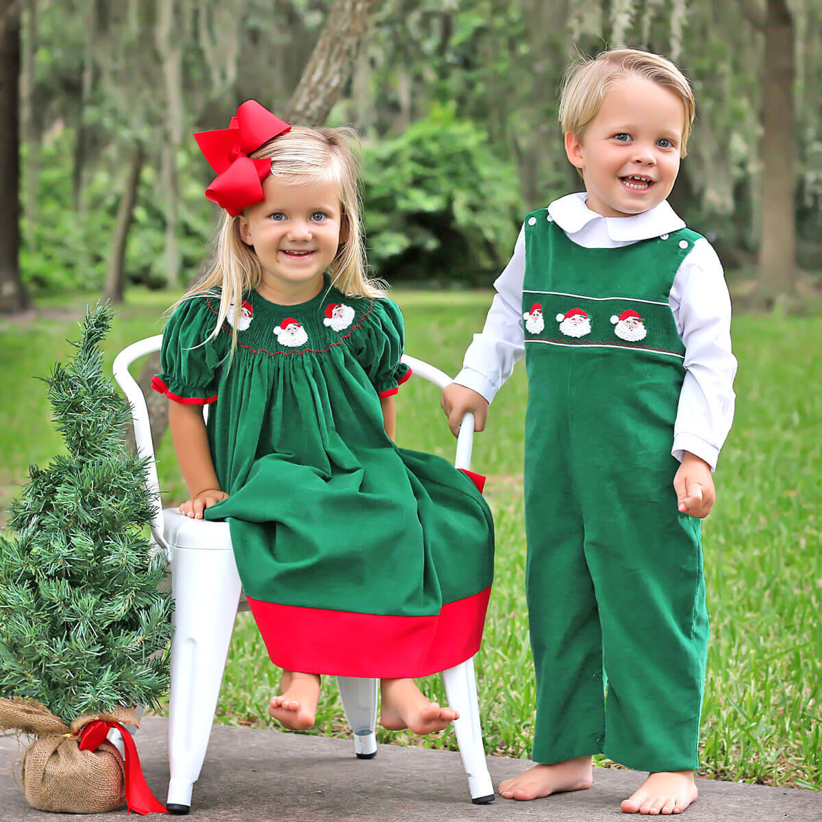 Santa Face Smocked Green Bishop Dress - Image 3