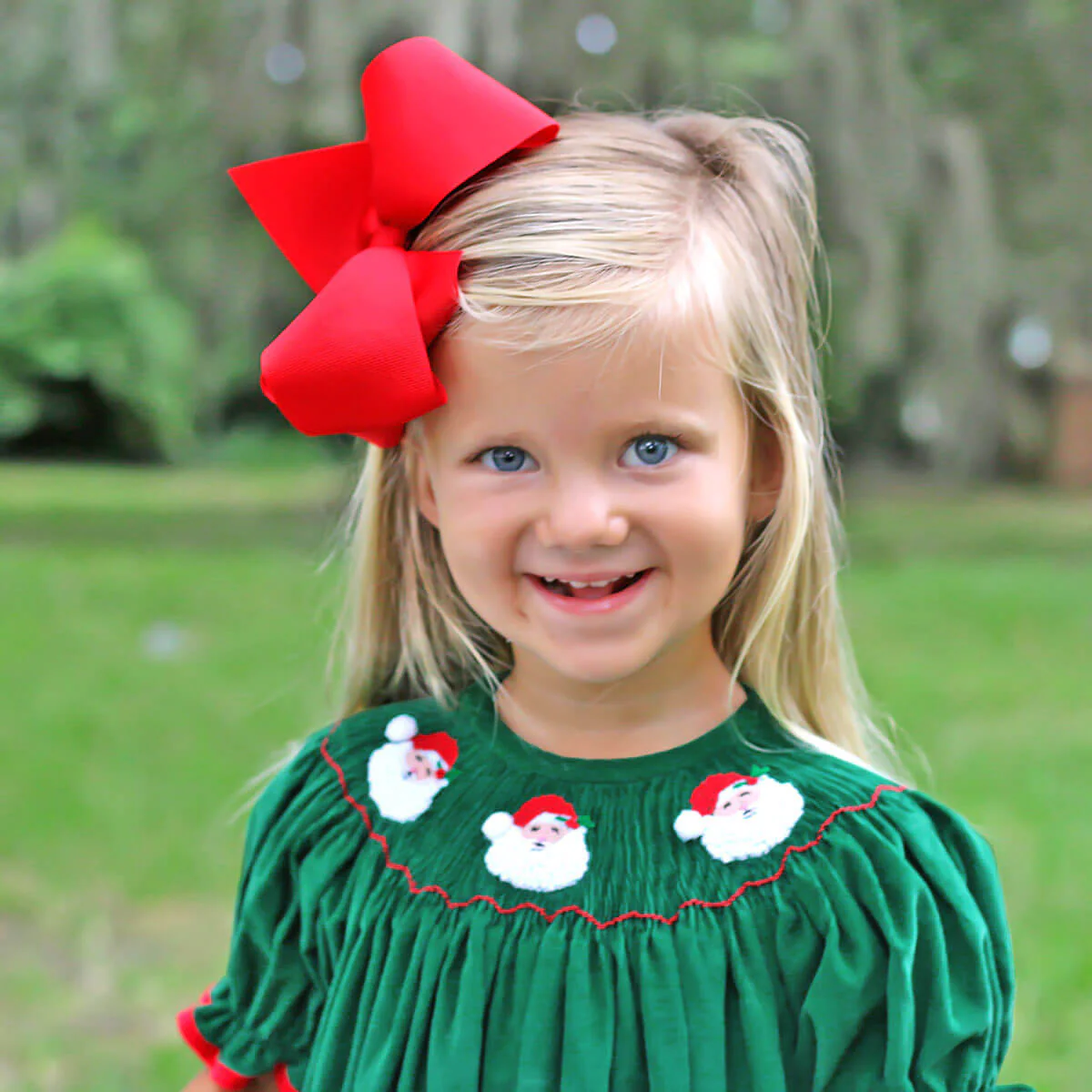 Santa Face Smocked Green Bishop Dress - Image 4
