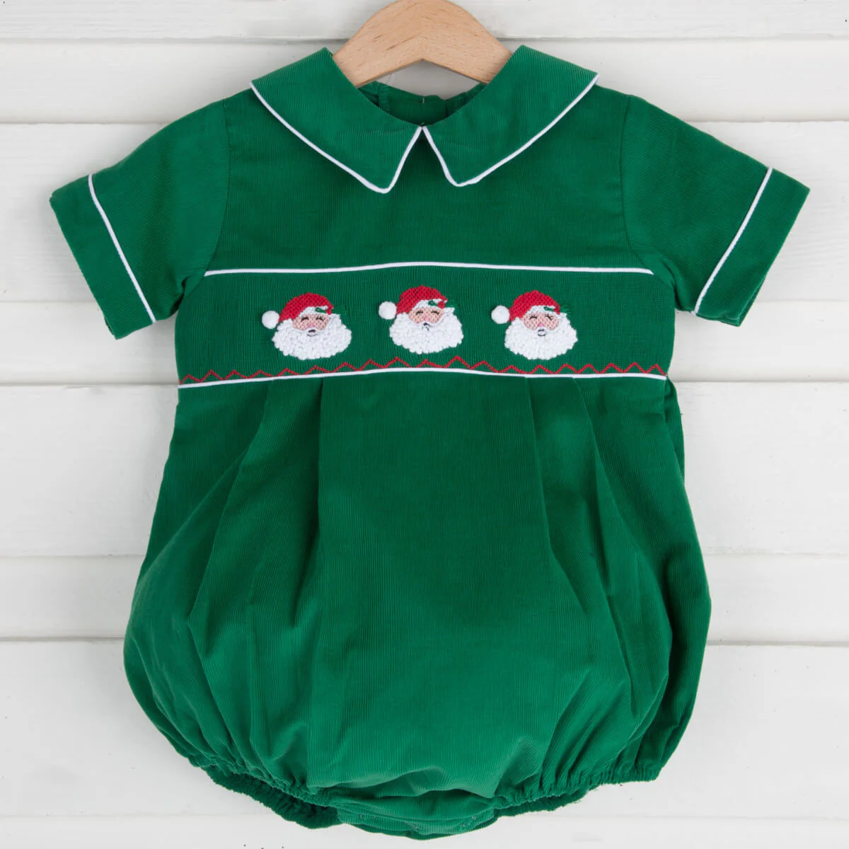 Santa Face Smocked Green Boy Bubble - Image 2