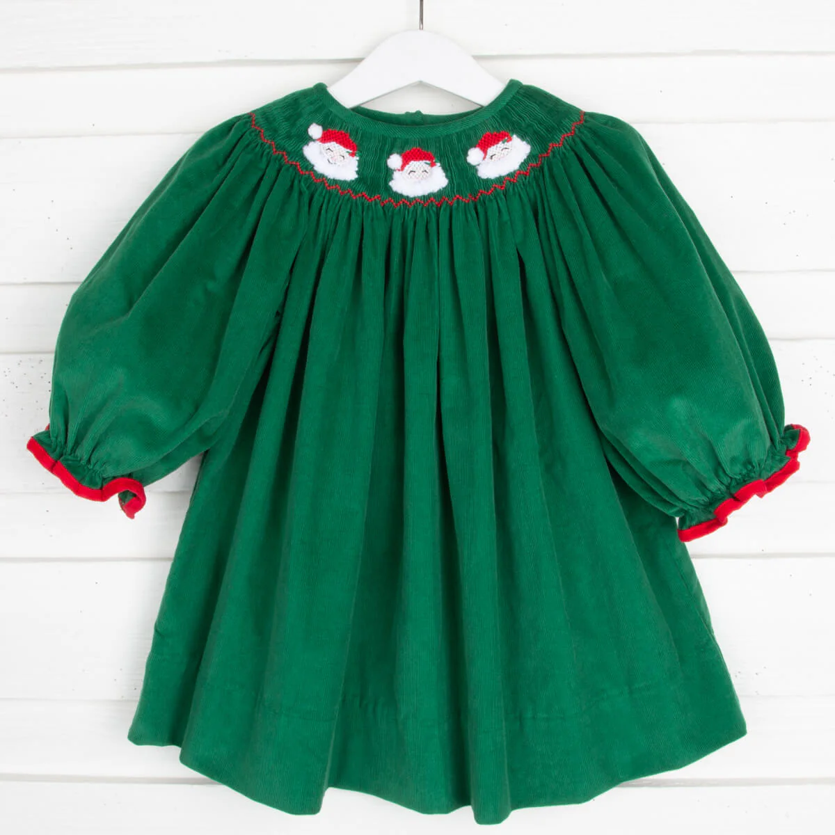 Santa Face Smocked Green Dress - Image 2