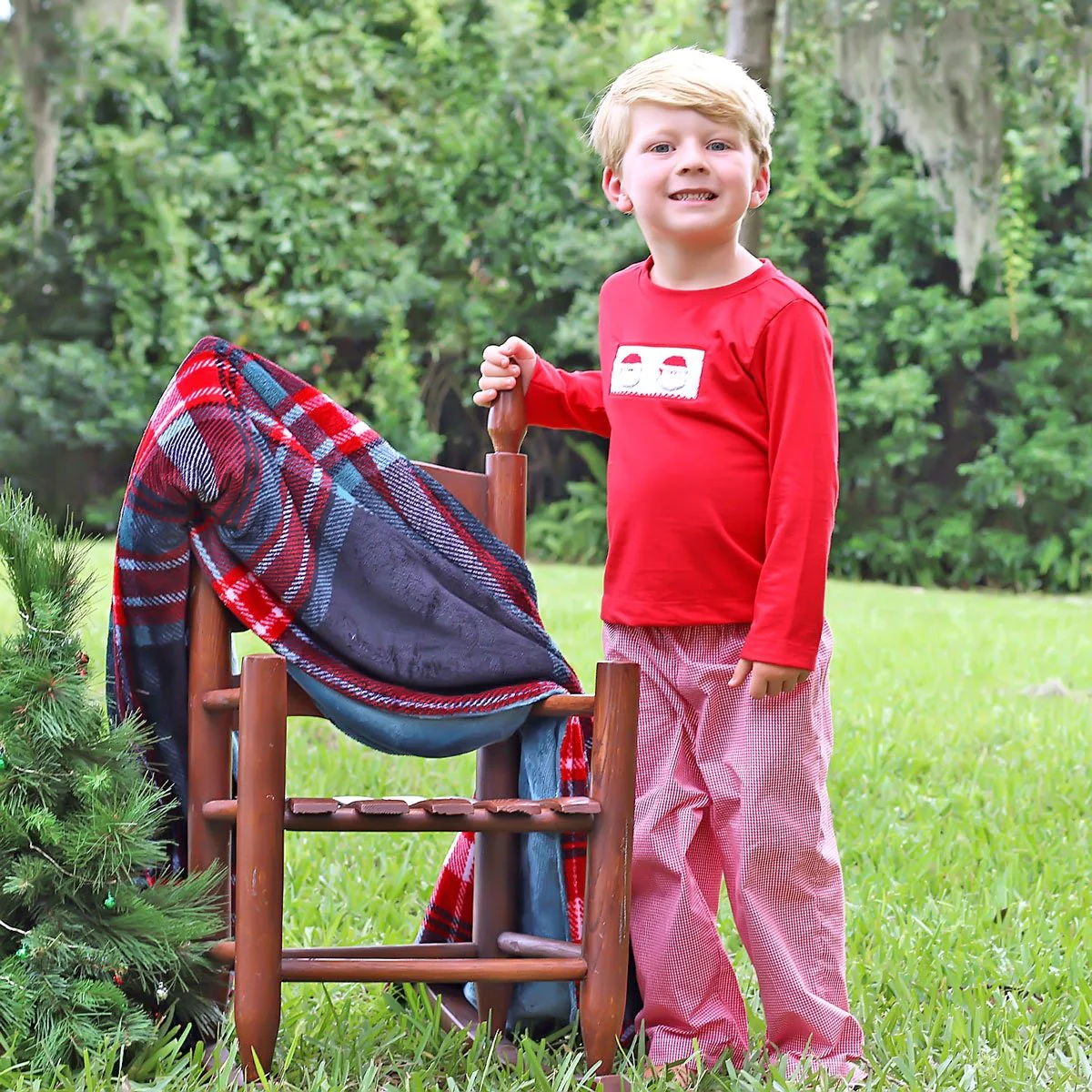 Santa Face Smocked Red Long Sleeve Shirt - Image 3