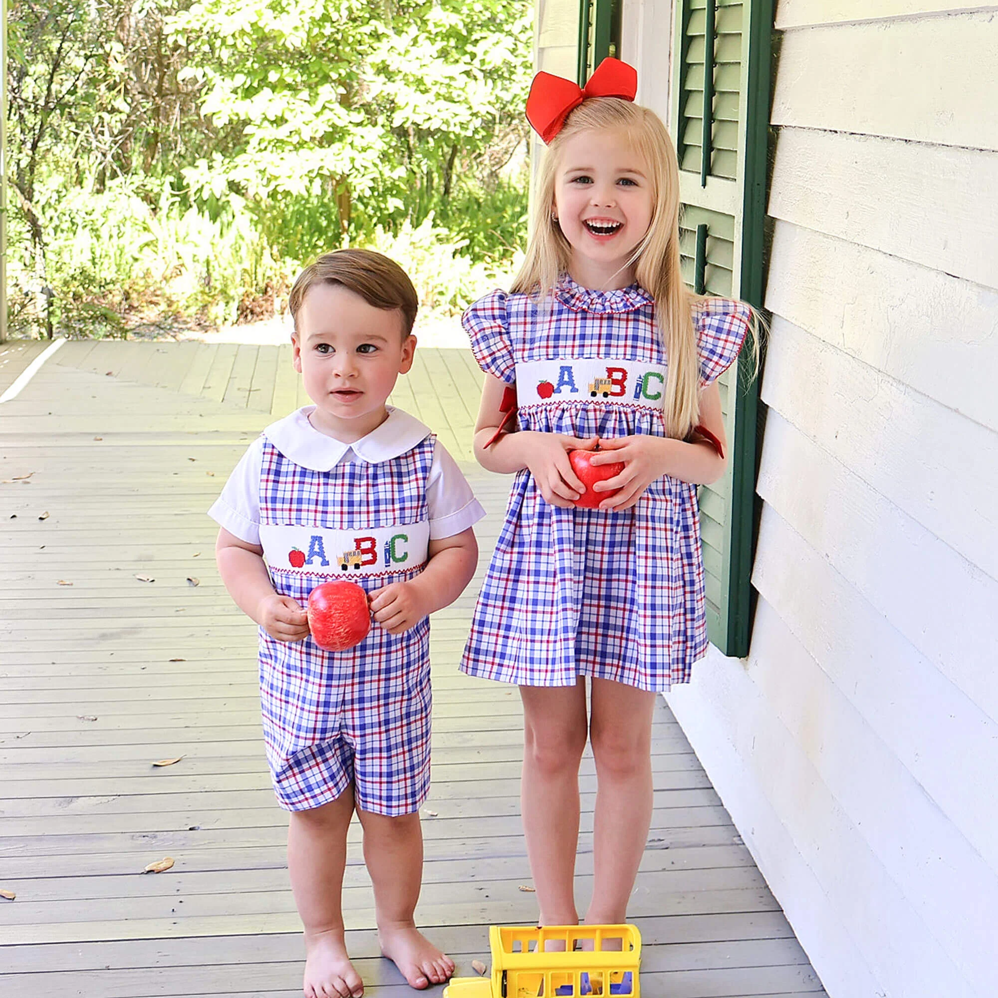 School Days Smocked Navy Plaid Jon Jon - Image 3