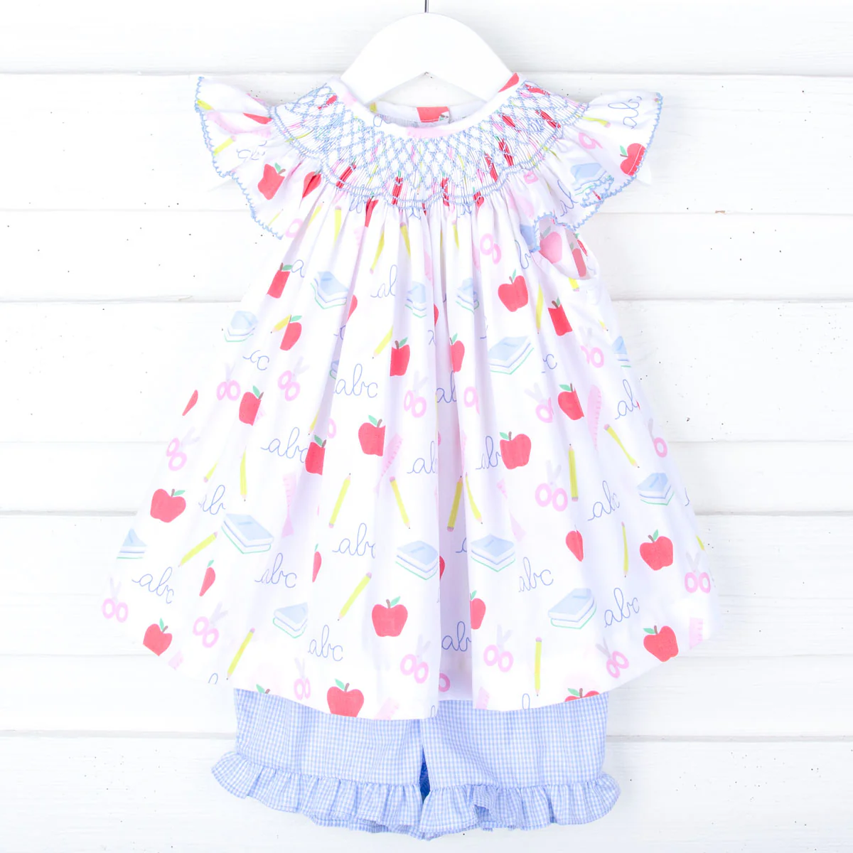 School Essentials Print Smocked Angel Sleeve Short Set - Image 3