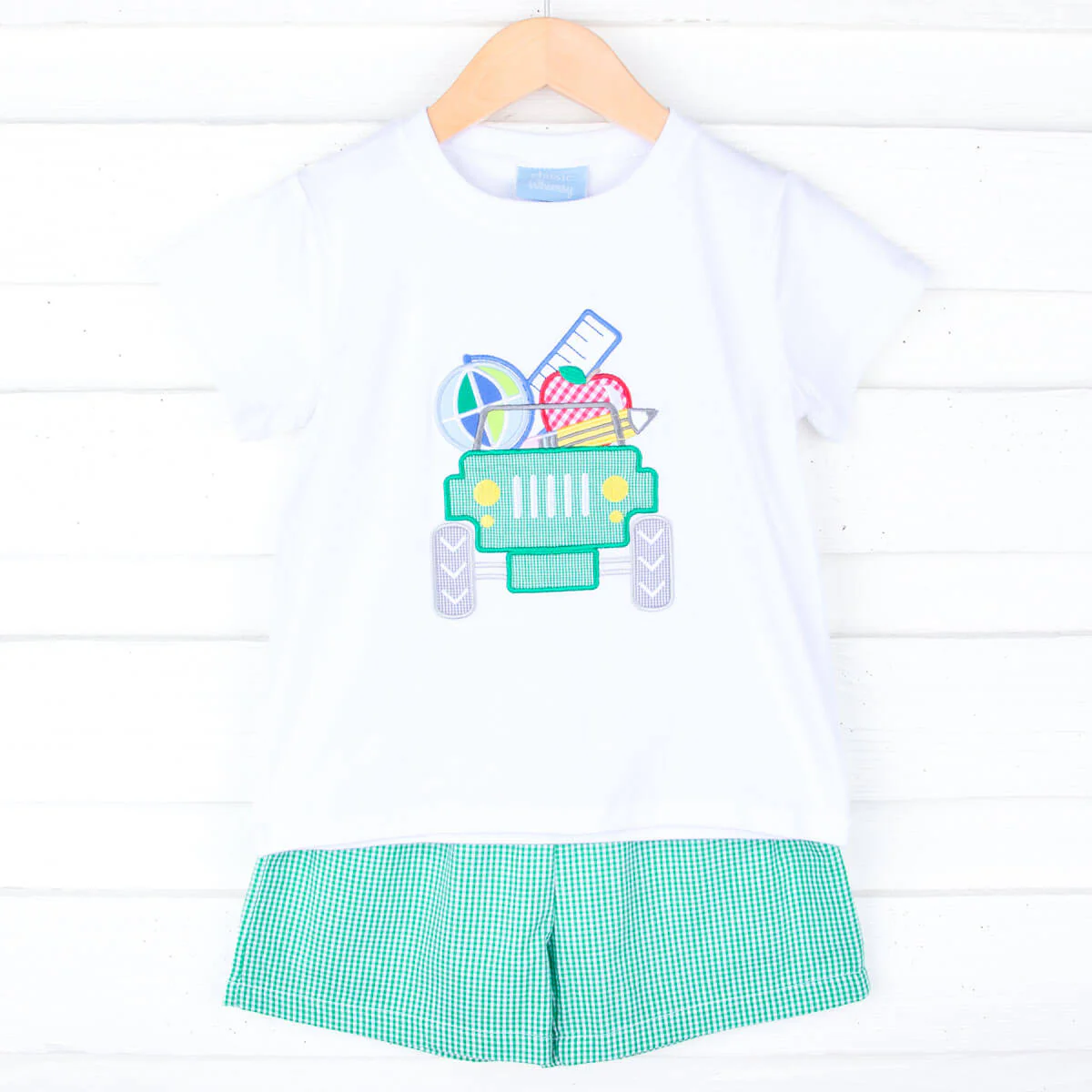 School Truck Green Gingham Short Set - Image 2