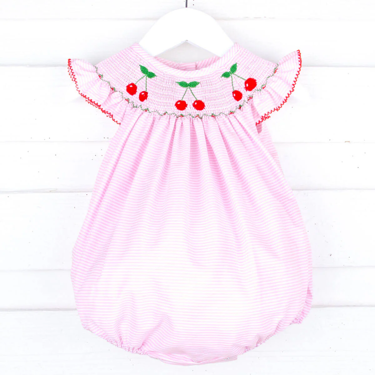 Pink Stripe Cherry Smocked Bubble - Image 2