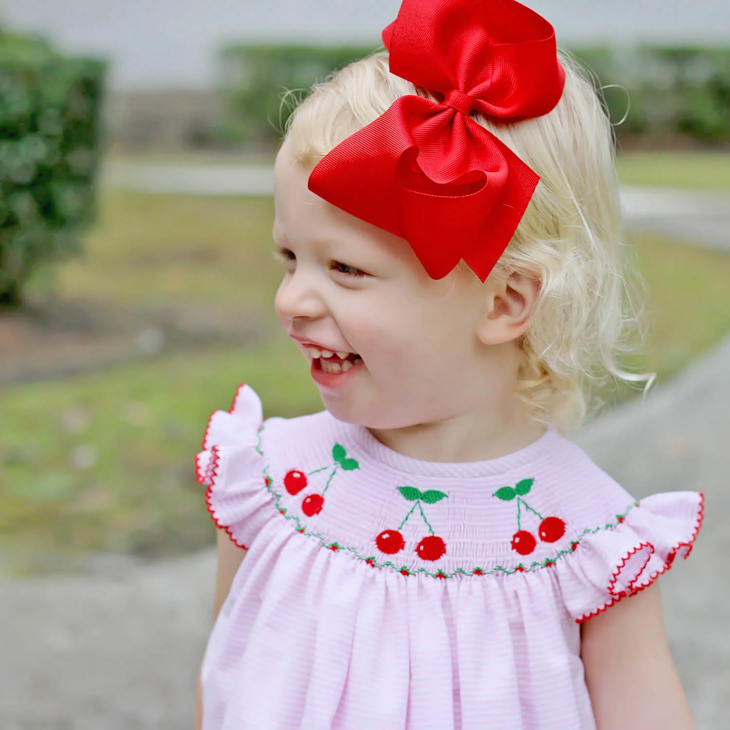 Pink Stripe Cherry Smocked Bubble - Image 3